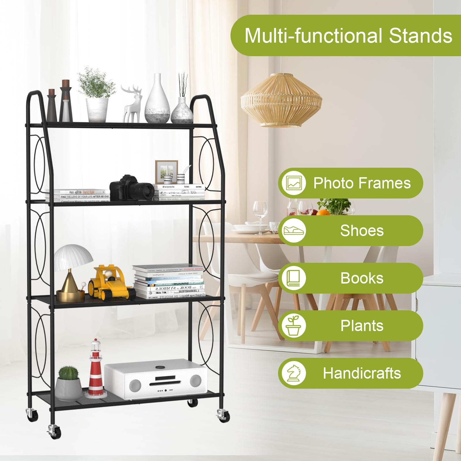 VyGrow plant stand in living room displaying multiple potted plants and decor