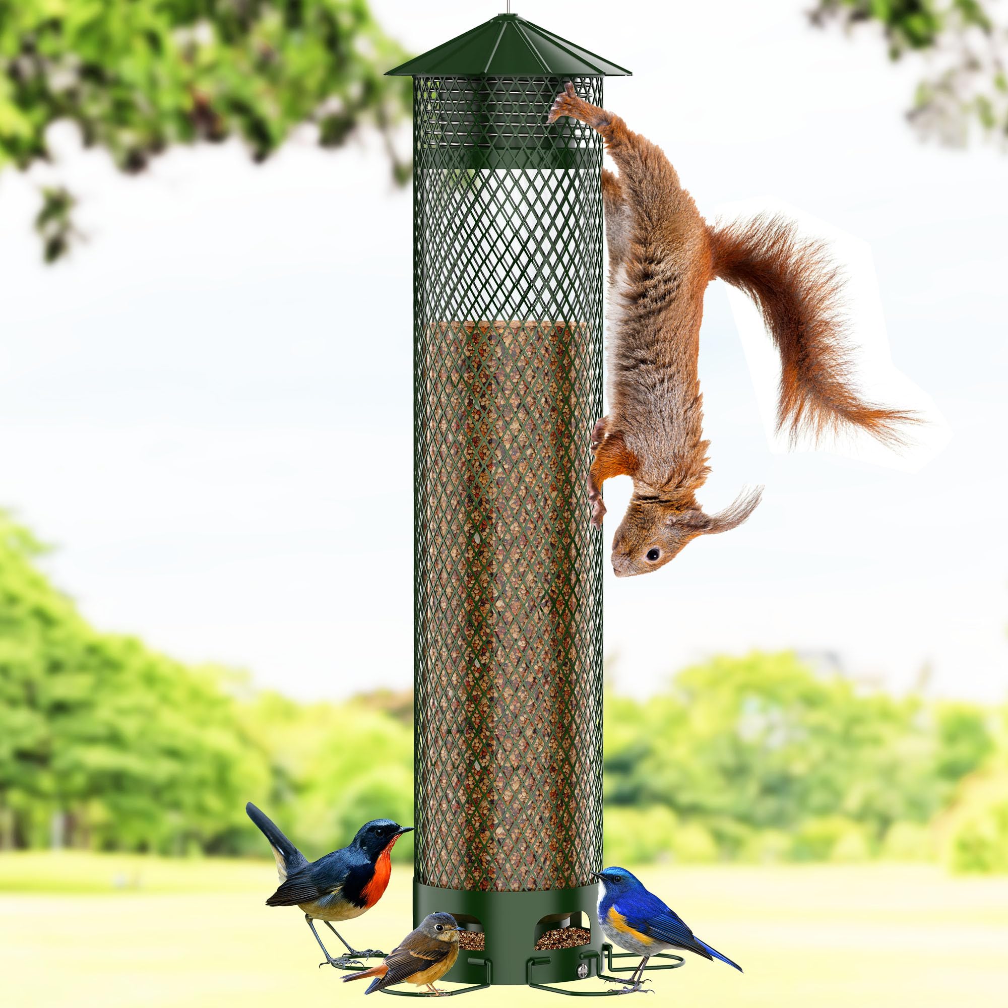 VYHAG front view of metal squirrel-proof feeder showing feeding ports and finish benefit: durable protection