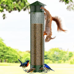 VYHAG front view of metal squirrel-proof feeder showing feeding ports and finish benefit: durable protection