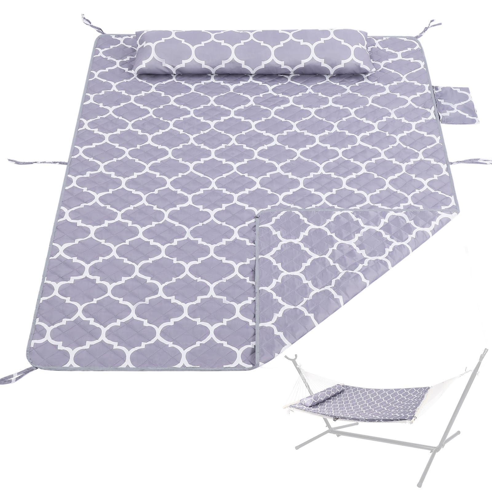 Vylceon front view of grey quilted hammock pad showing full coverage and comfort