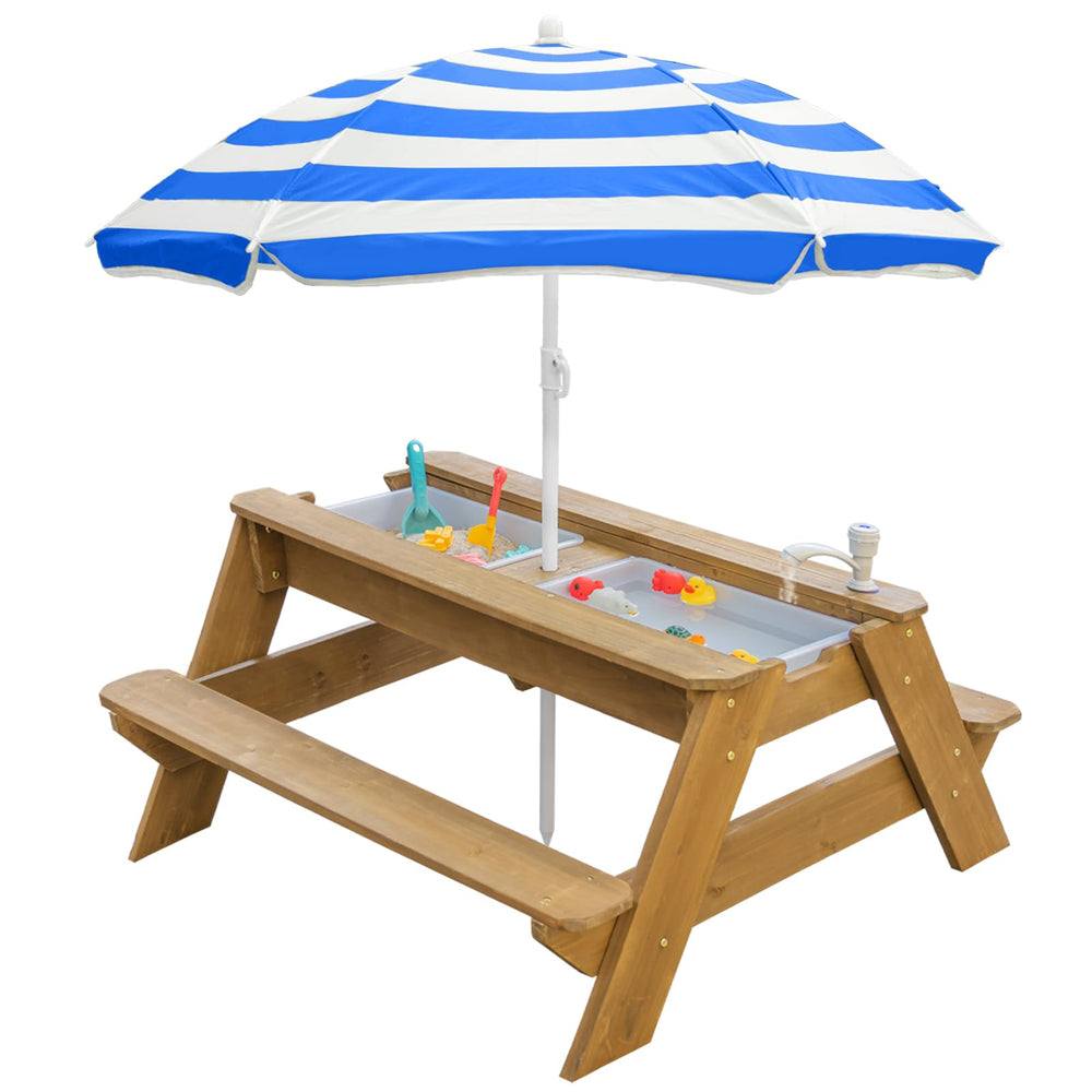 VYOMAMA front view picnic table in natural wood and blue, showing seating and umbrella benefit