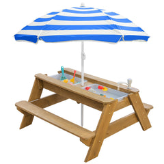 VYOMAMA front view picnic table in natural wood and blue, showing seating and umbrella benefit