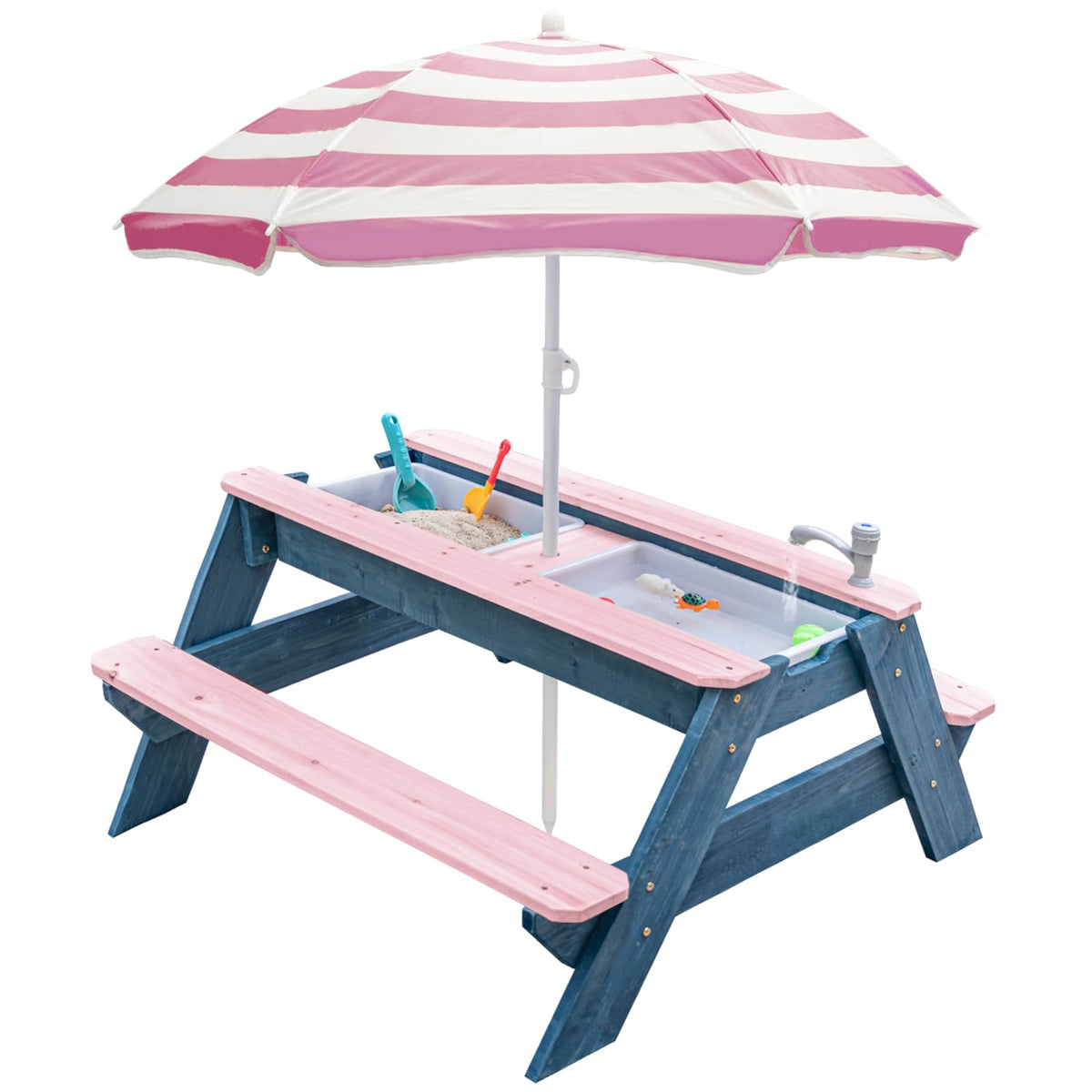 VYOMAMA front view of pink wooden picnic table showing convertible top and seating benefit