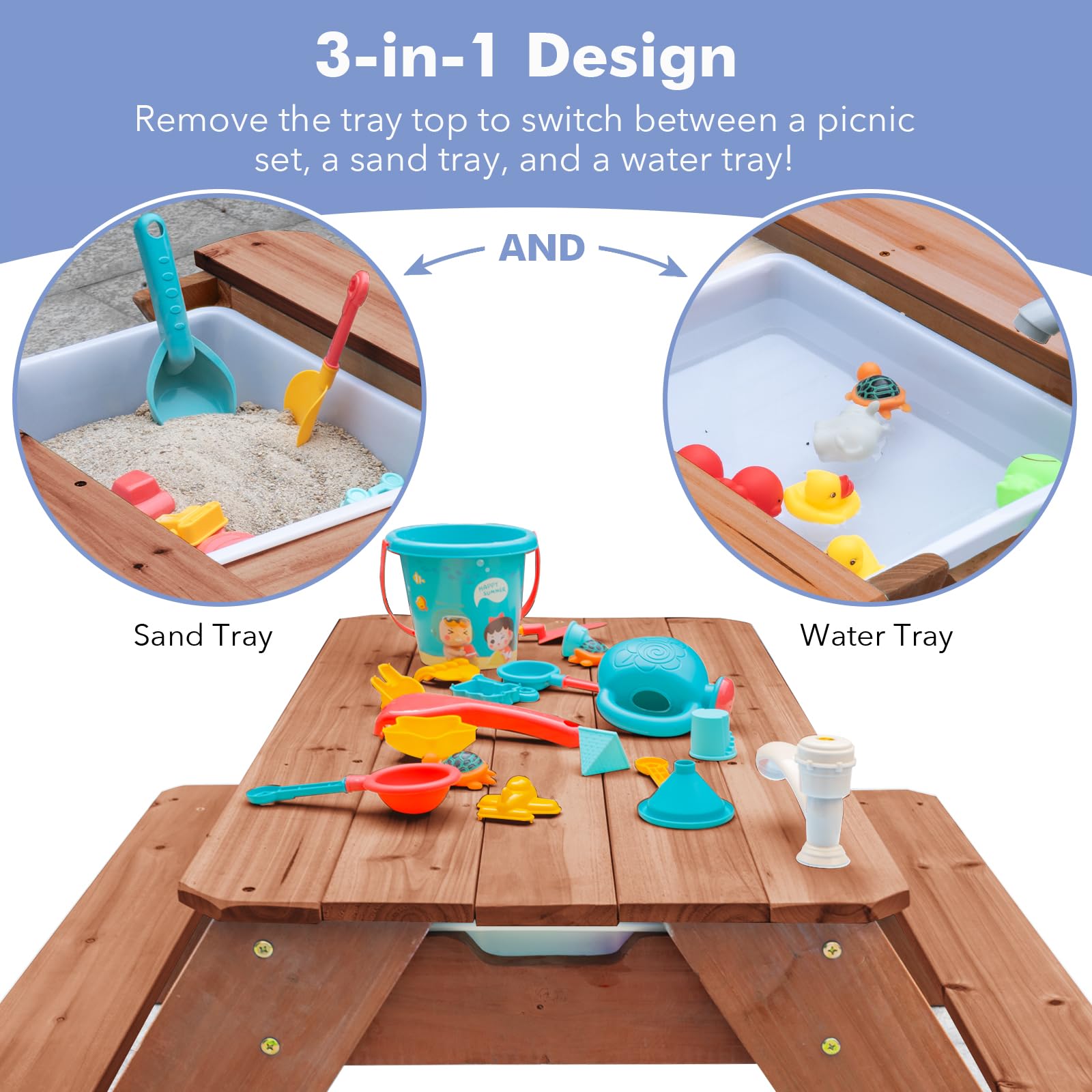 VYOMAMA removable top open to two plastic activity bins for sand and water play benefit