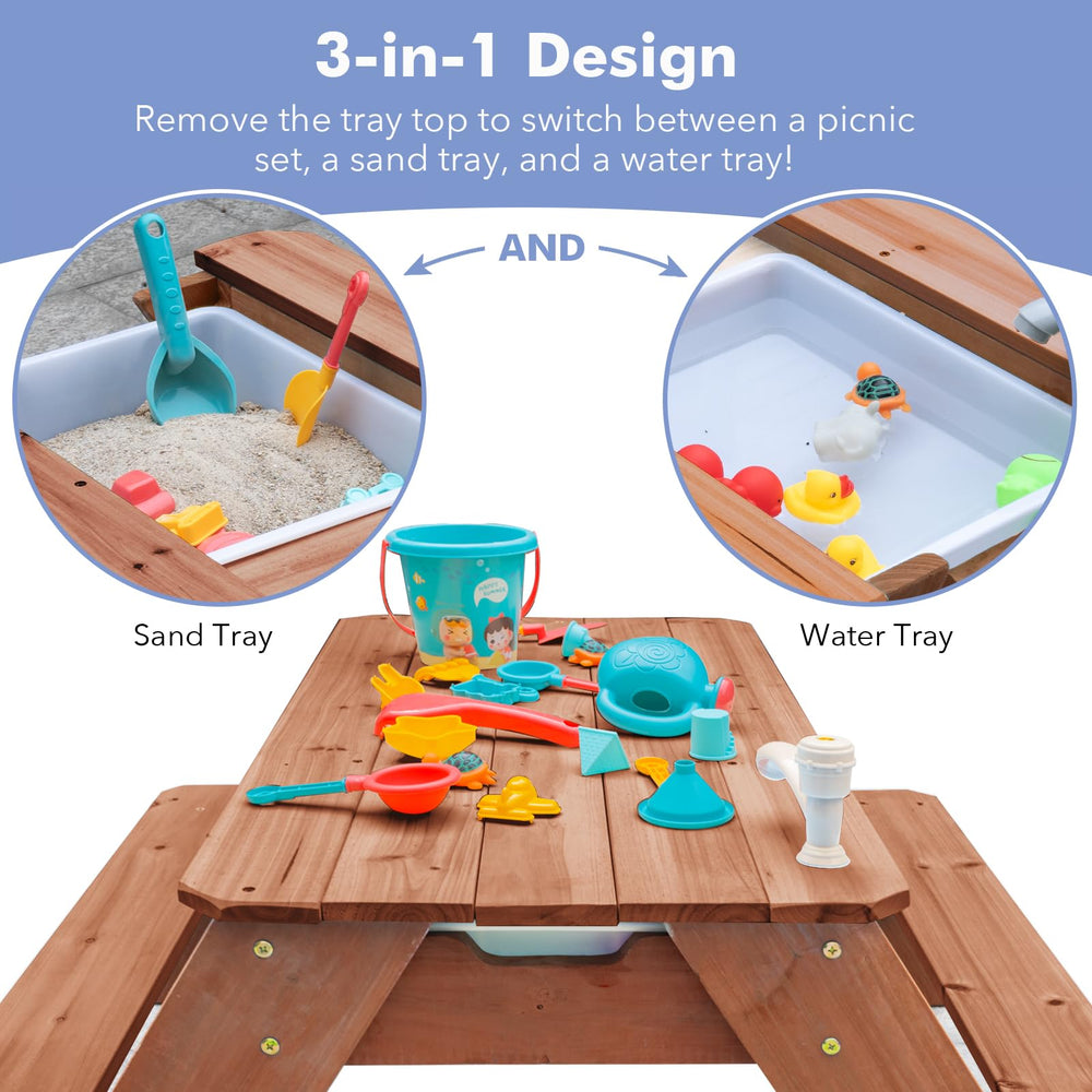 VYOMAMA removable top open to two plastic activity bins for sand and water play benefit