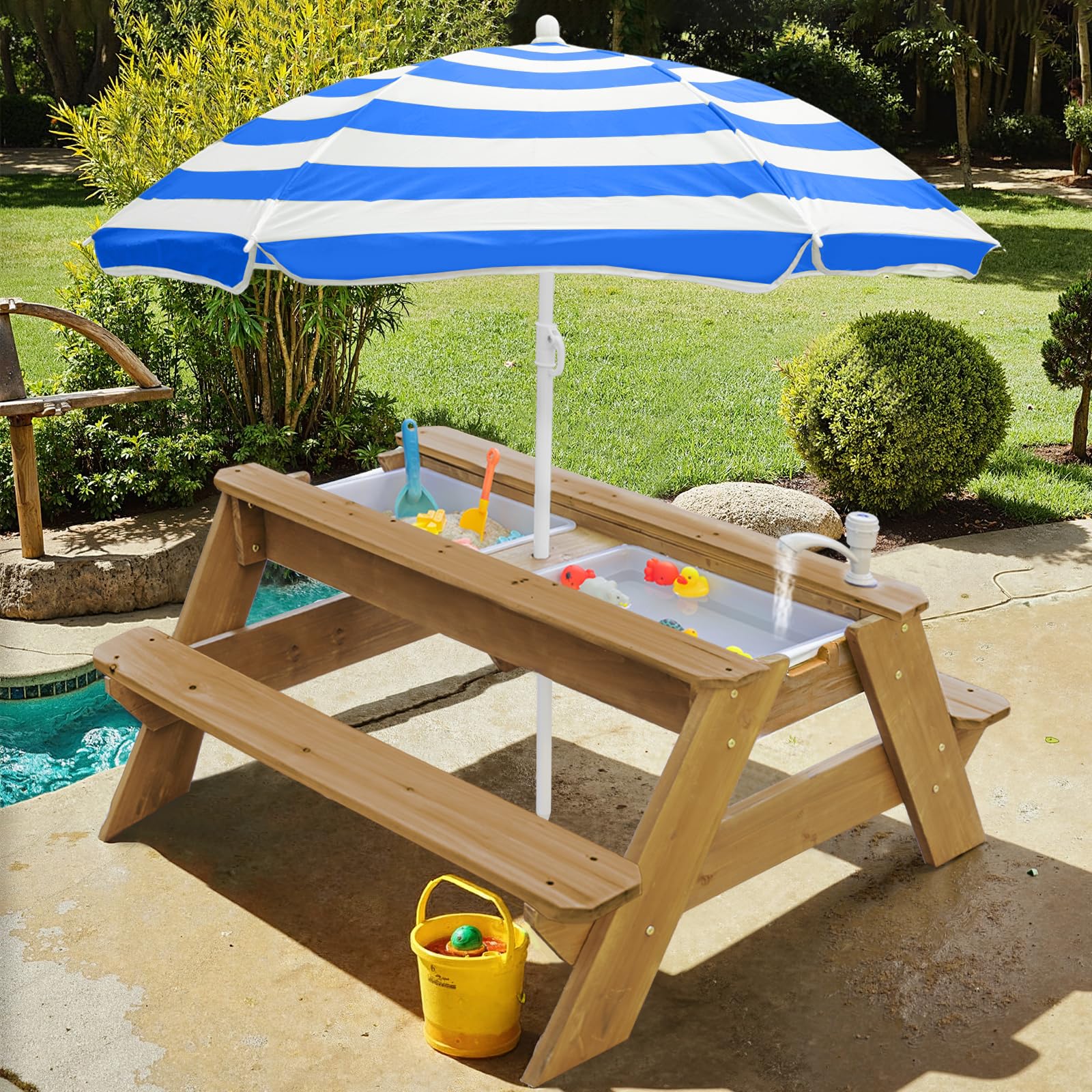 VYOMAMA removable top lifted to reveal two activity bins, easy-clean play benefit