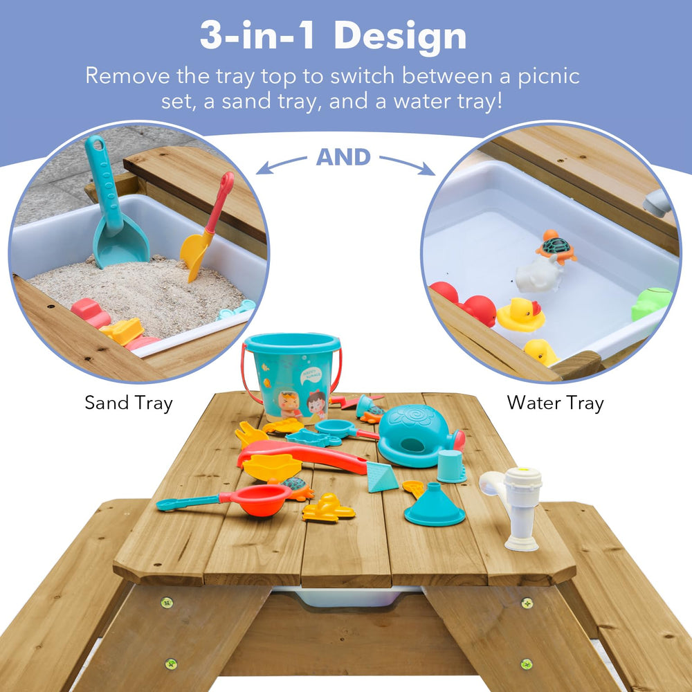 VYOMAMA removed top revealing dual plastic activity bins for easy play and cleaning