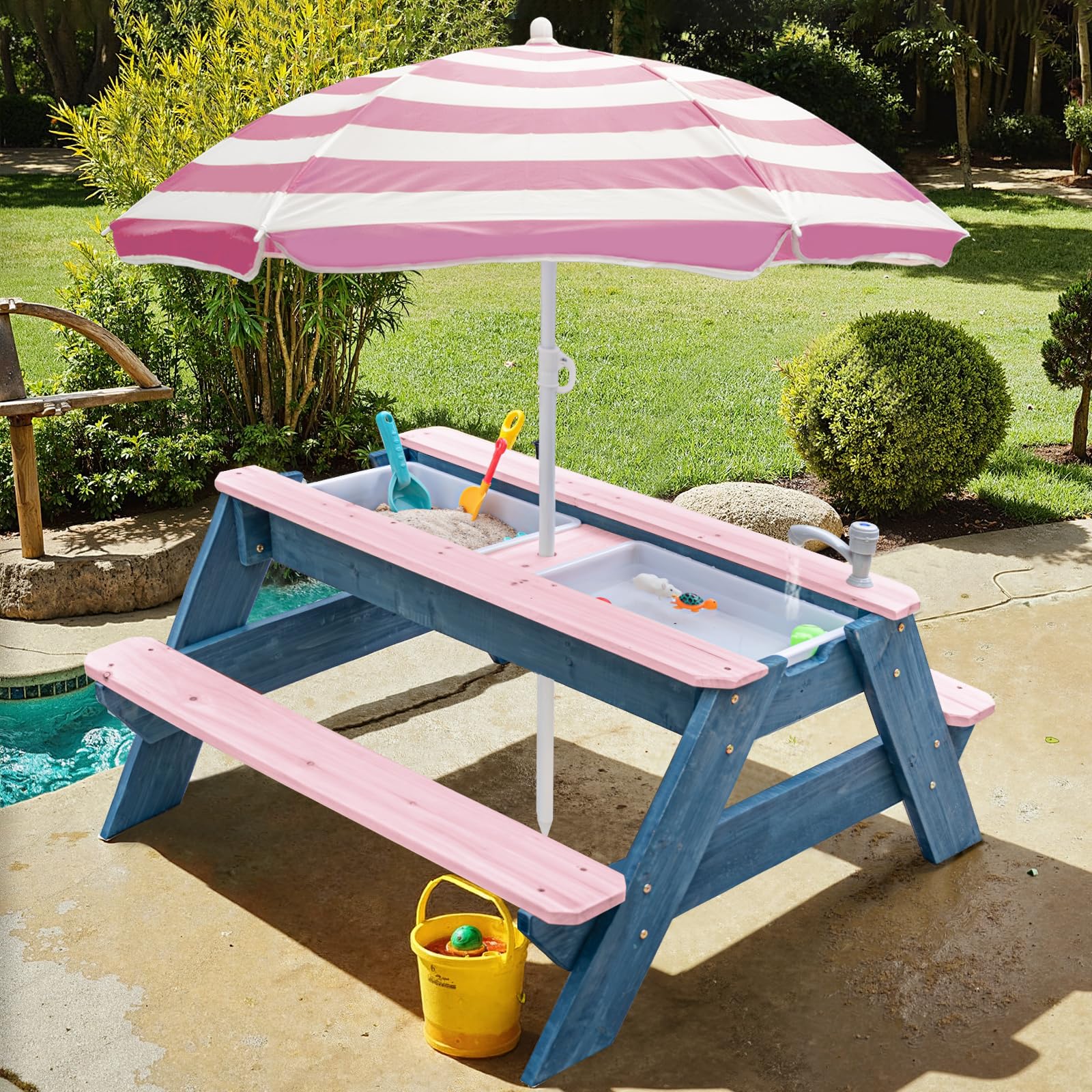 VYOMAMA umbrella and faucet detail showing shaded, controlled water-play benefit