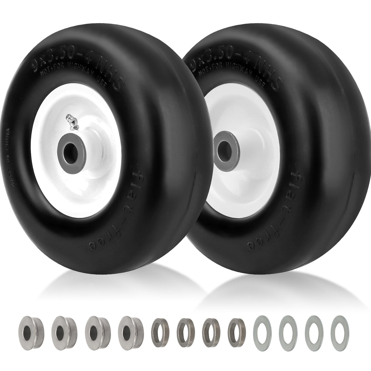 Vypart front view of 9x3.50-4 wheel assembly showing fit and durability