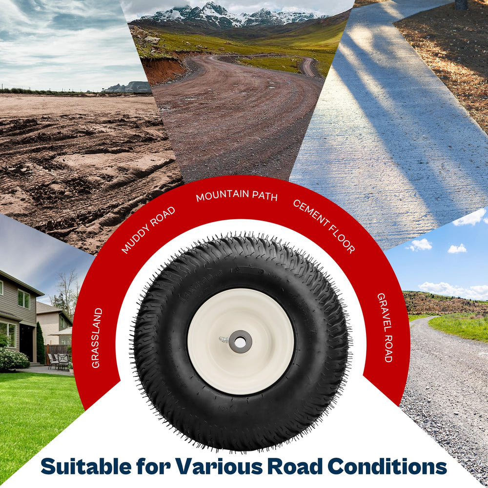 Vypart in-use lawn mower front tires on grass demonstrating turf-friendly traction