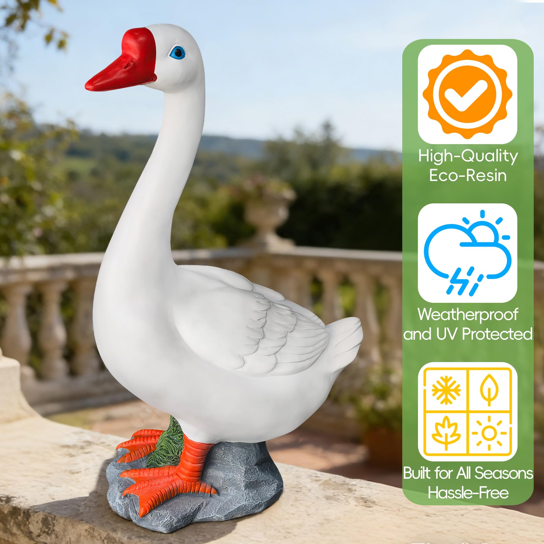 VYRALACH goose placed in lawn with plants to show outdoor styling benefit