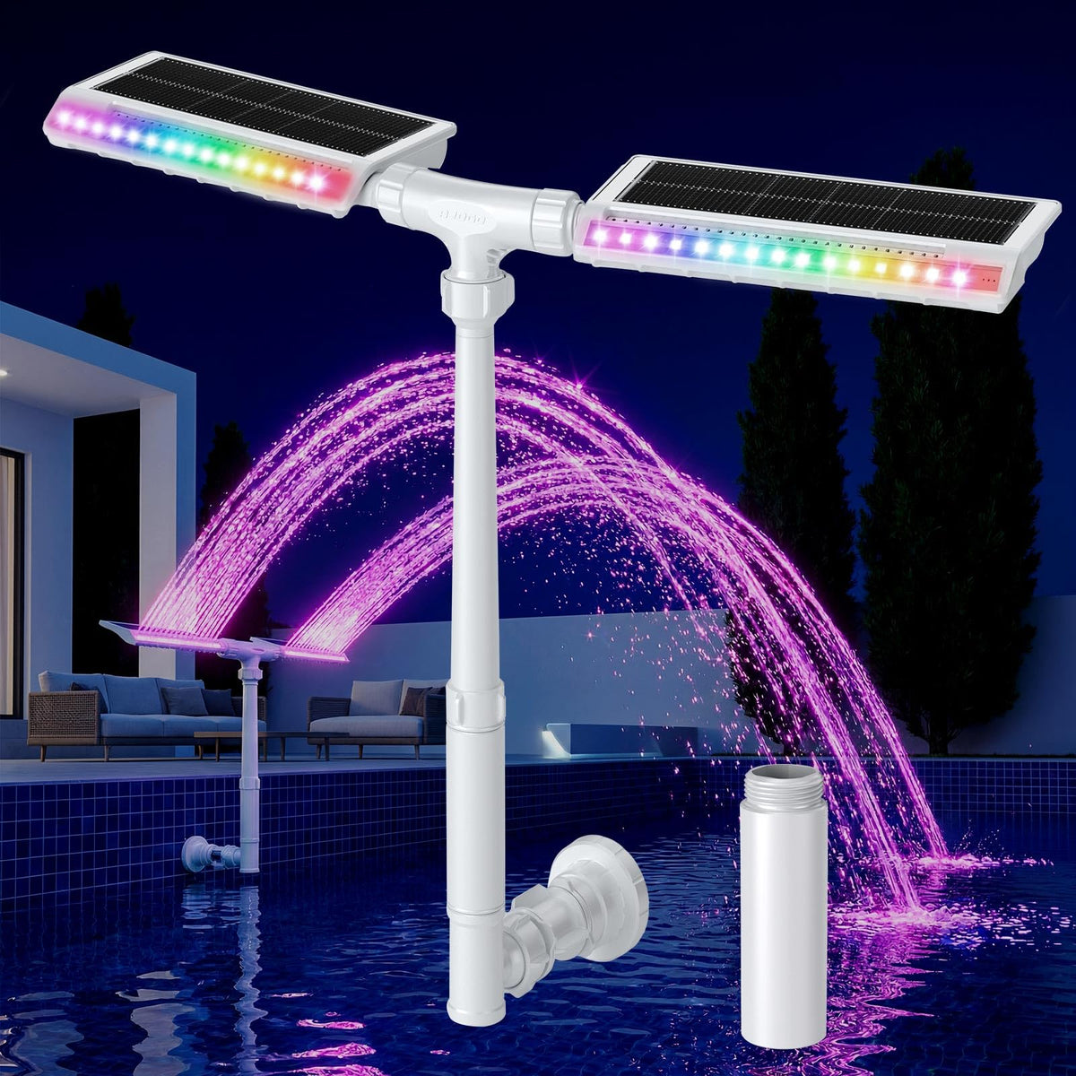 VZXOYPC front view of fountain showing dual-head spray and riser benefits