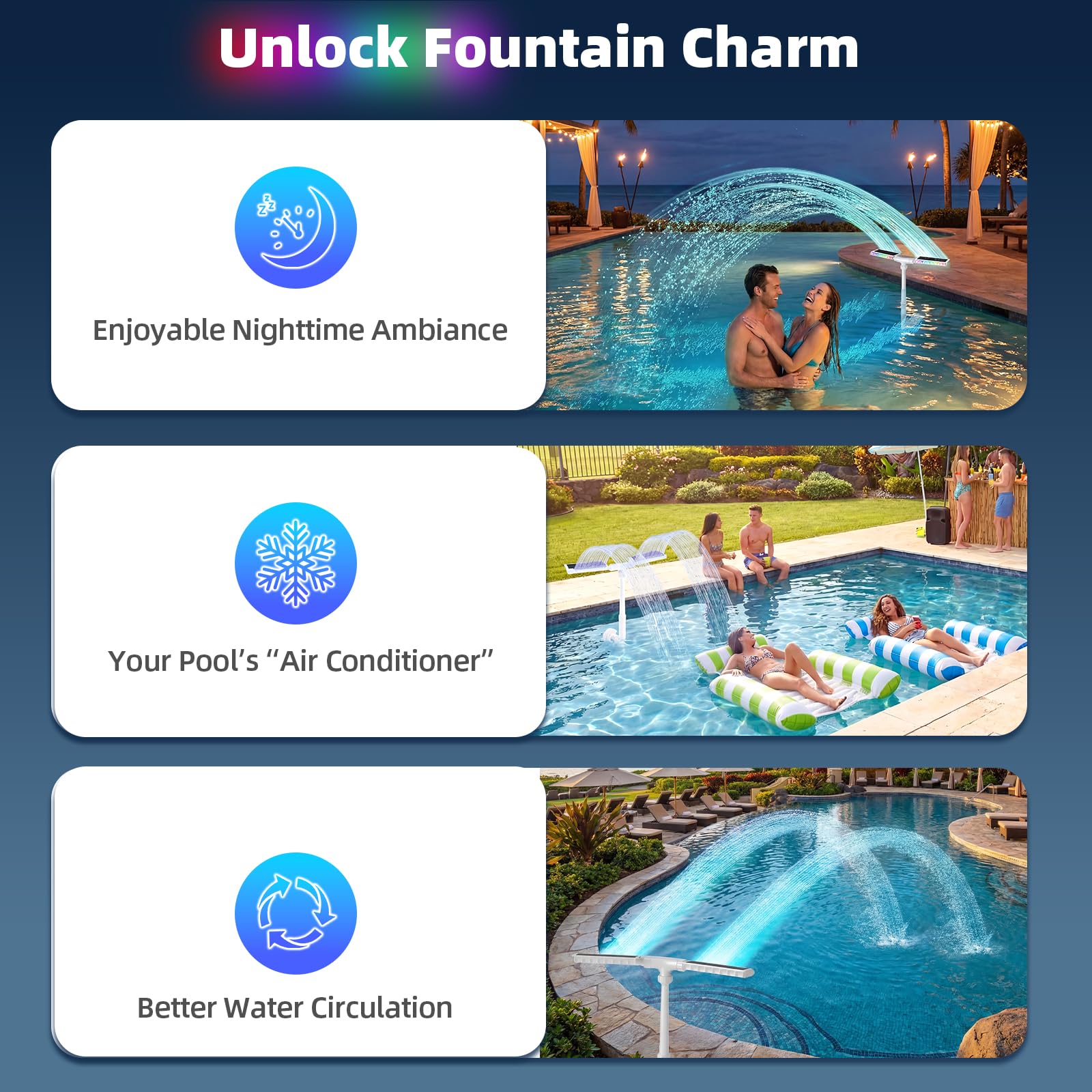 VZXOYPC nighttime pool scene with LEDs creating vibrant ambiance