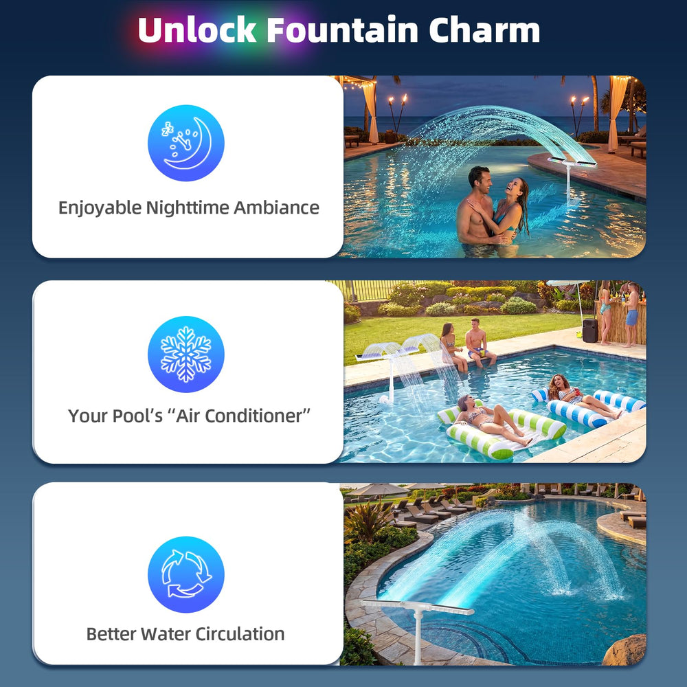 VZXOYPC nighttime pool scene with LEDs creating vibrant ambiance