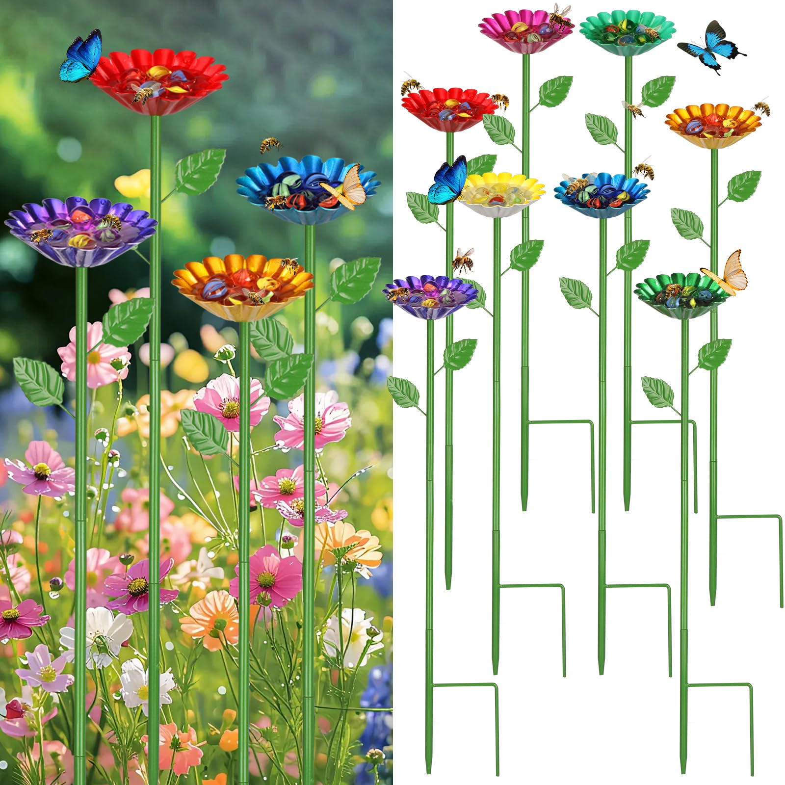 VZZNN front view of eight colorful flower stations showing garden-ready hydration