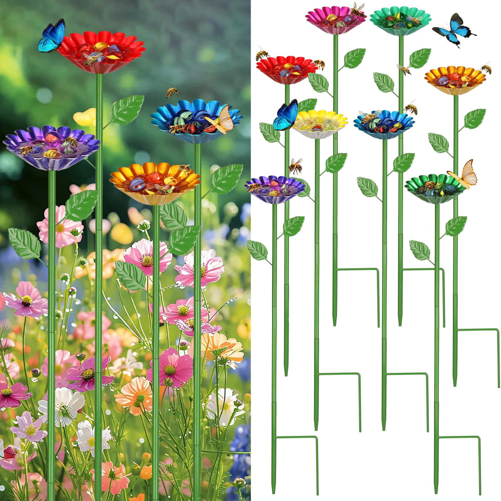 VZZNN front view of eight colorful flower stations showing garden-ready hydration