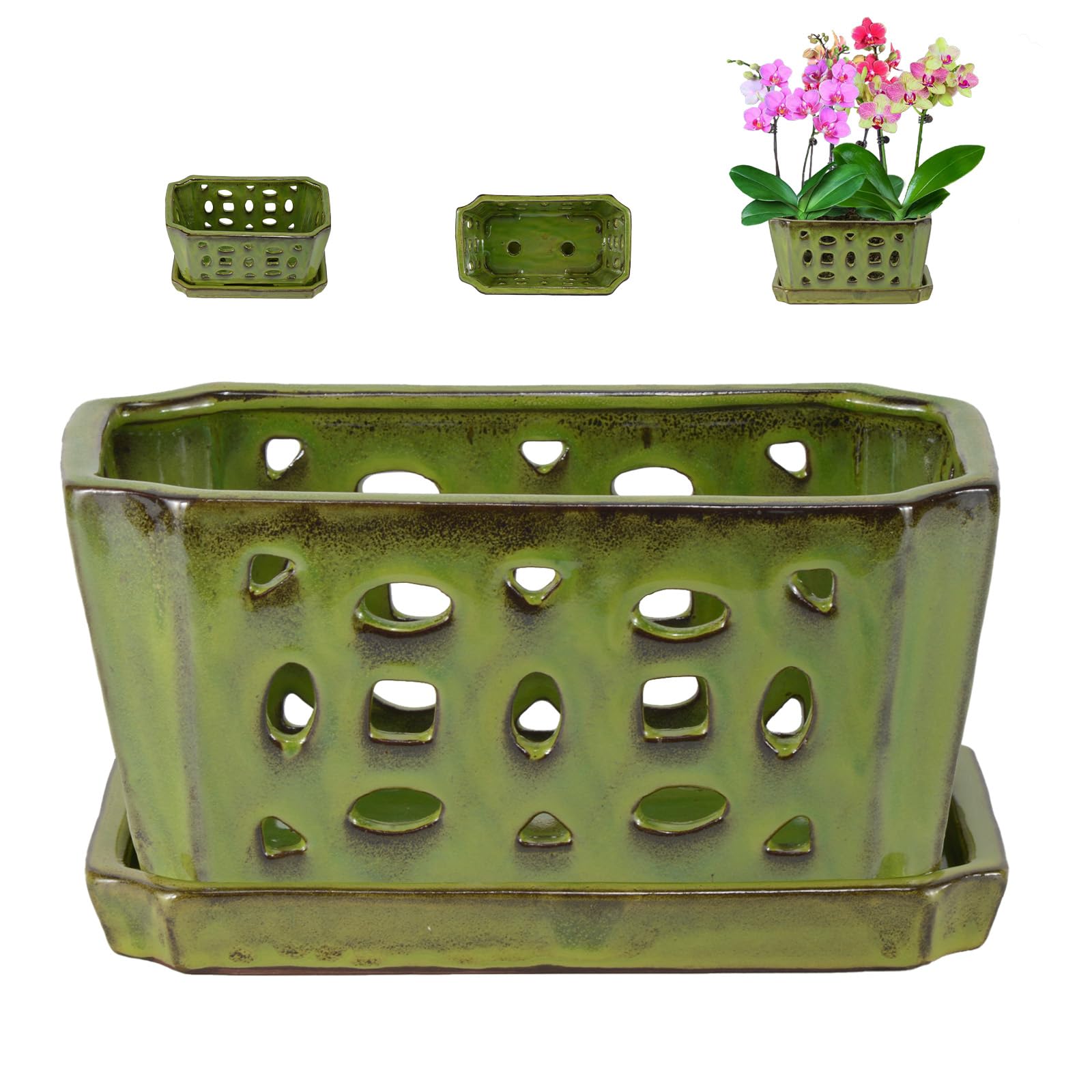 W&W front view of yellowgreen orchid pot showing elegant glazed finish and stability
