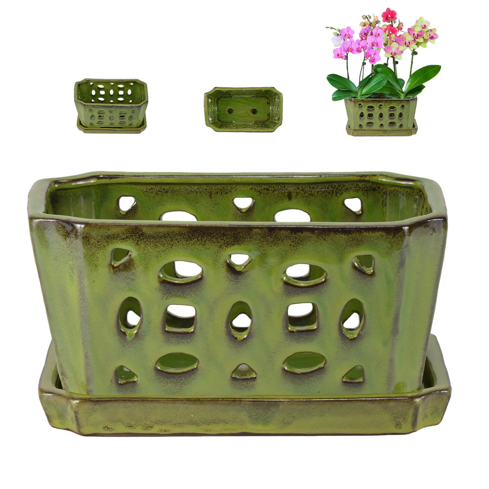 W&W front view of yellowgreen orchid pot showing elegant glazed finish and stability