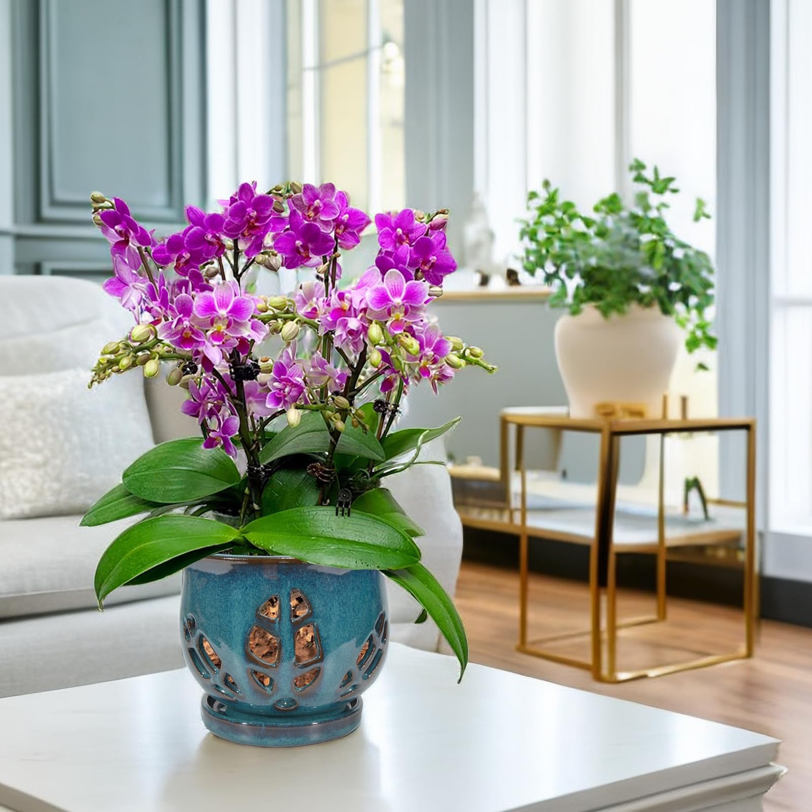 W&W pot styled on shelf showing decorative teal color enhancing decor