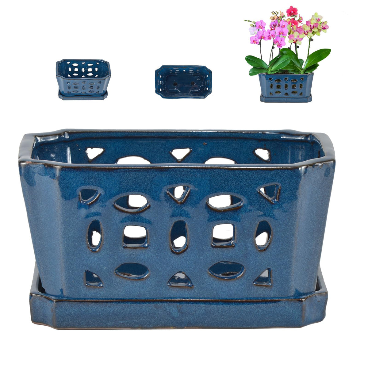 W&W front view of blue orchid pot showing elegant design and stability