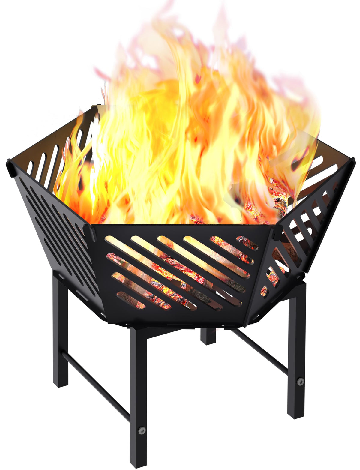 Waaliji front view assembled hexagon fire pit showing stable elevated burn