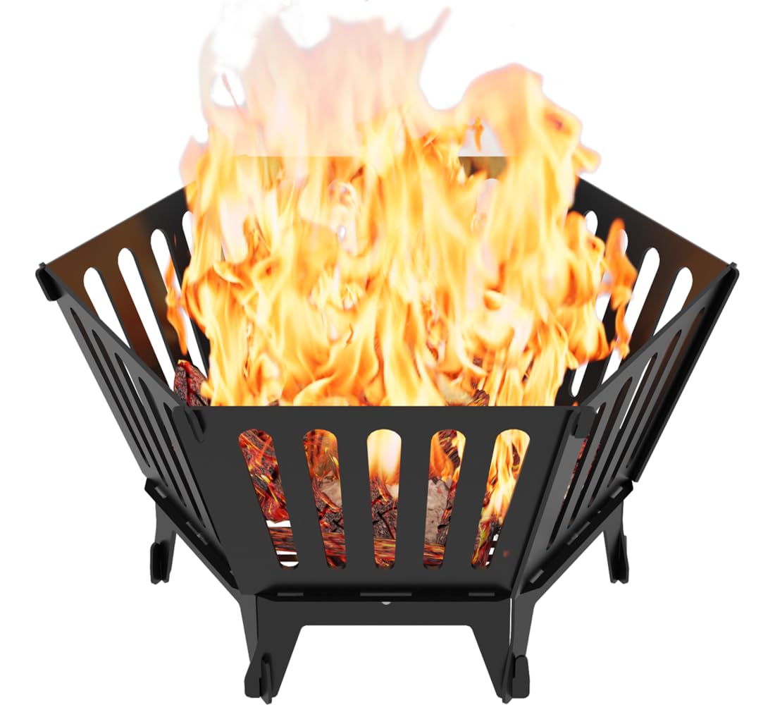 waaliji front view assembled showing hexagon shape and bright flames benefit portable warmth
