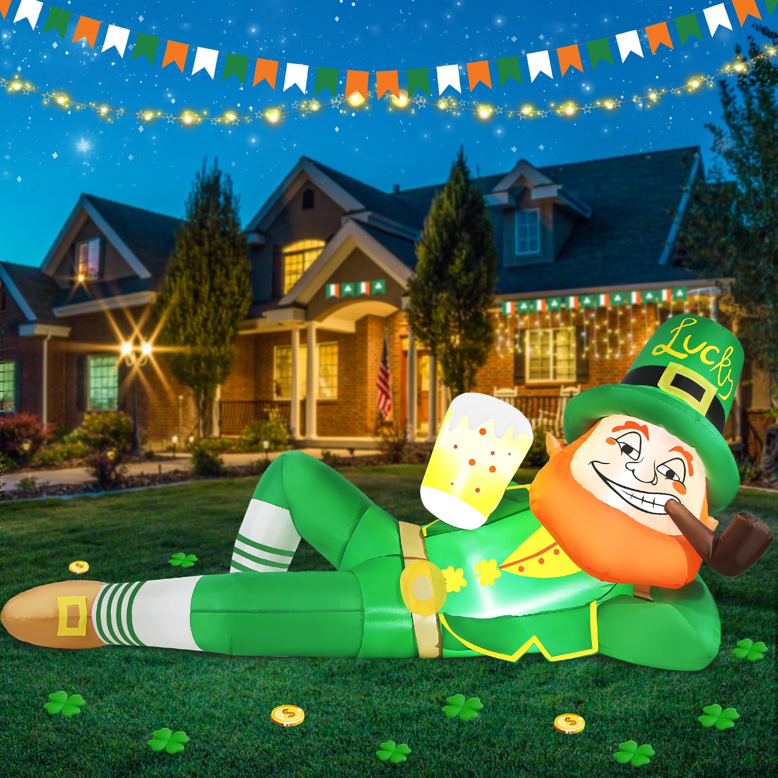 Wabolay front view inflatable leprechaun showing cheerful St Patrick’s decor benefit