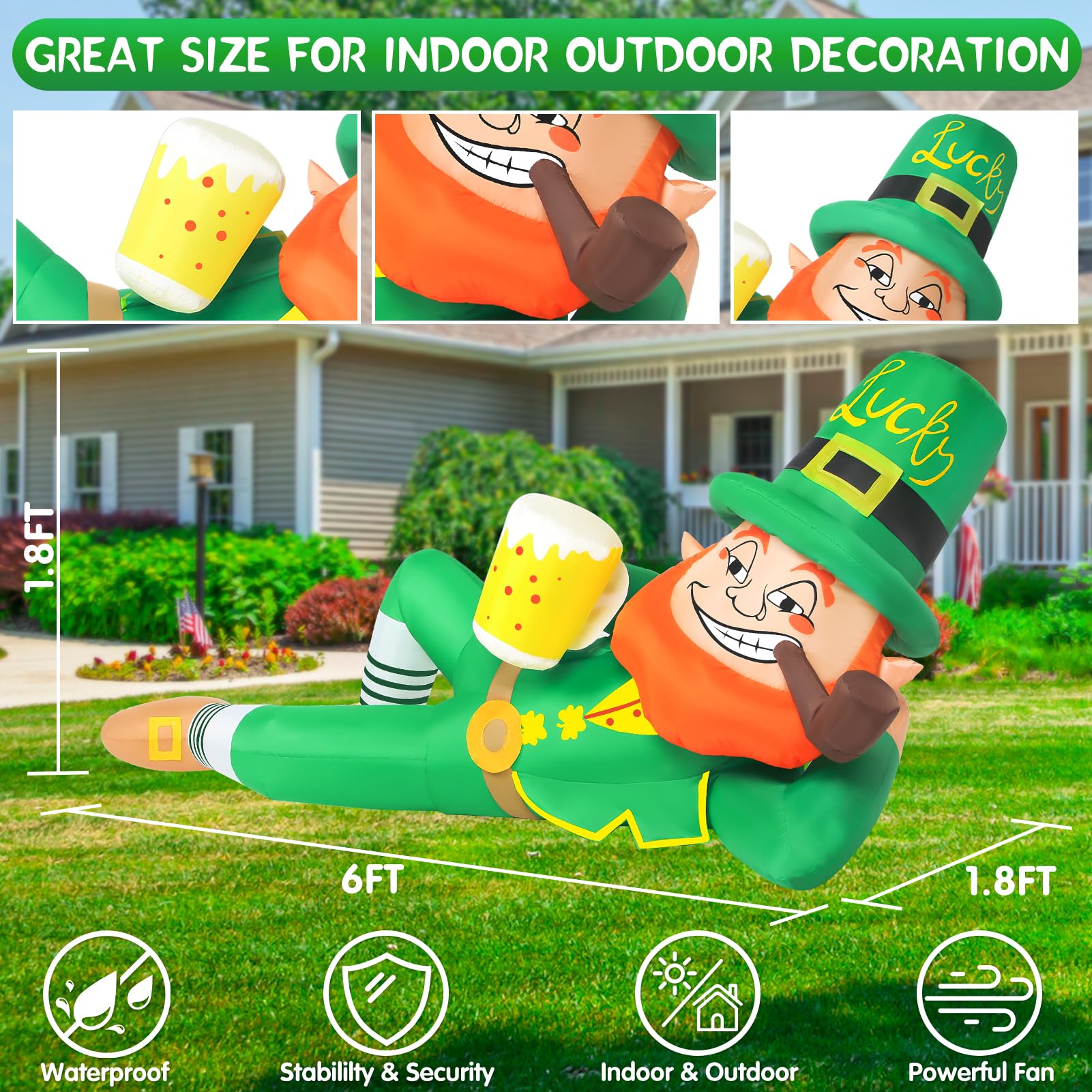 Wabolay LED-lit leprechaun at dusk creating bright festive yard ambiance benefit