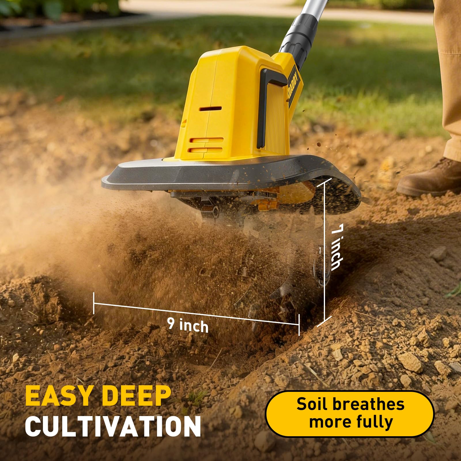 WADADDY cultivator next to ruler showing 7-inch working depth for precise results