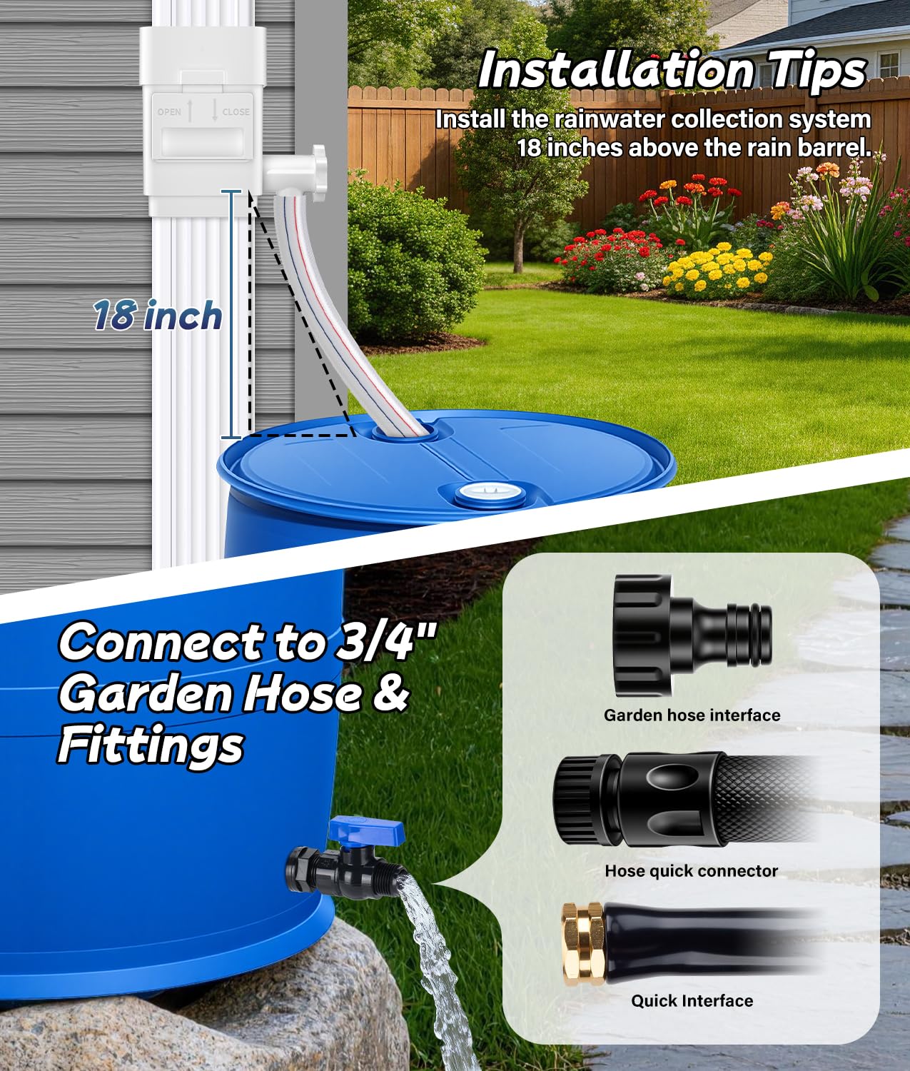 WADEO barrel connection with 3/4" GHT PVC ball valve for simple hose attachment