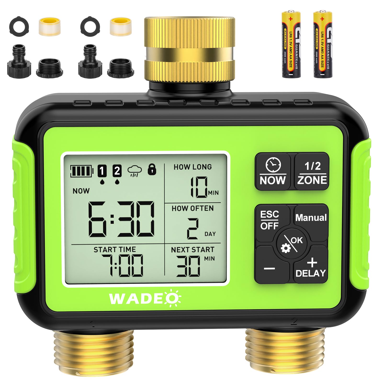 WADEO front panel view showing controls and durable brass fittings for reliable watering