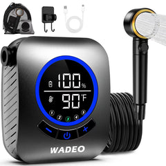 WADEO front view of portable shower showing compact design and portability benefit