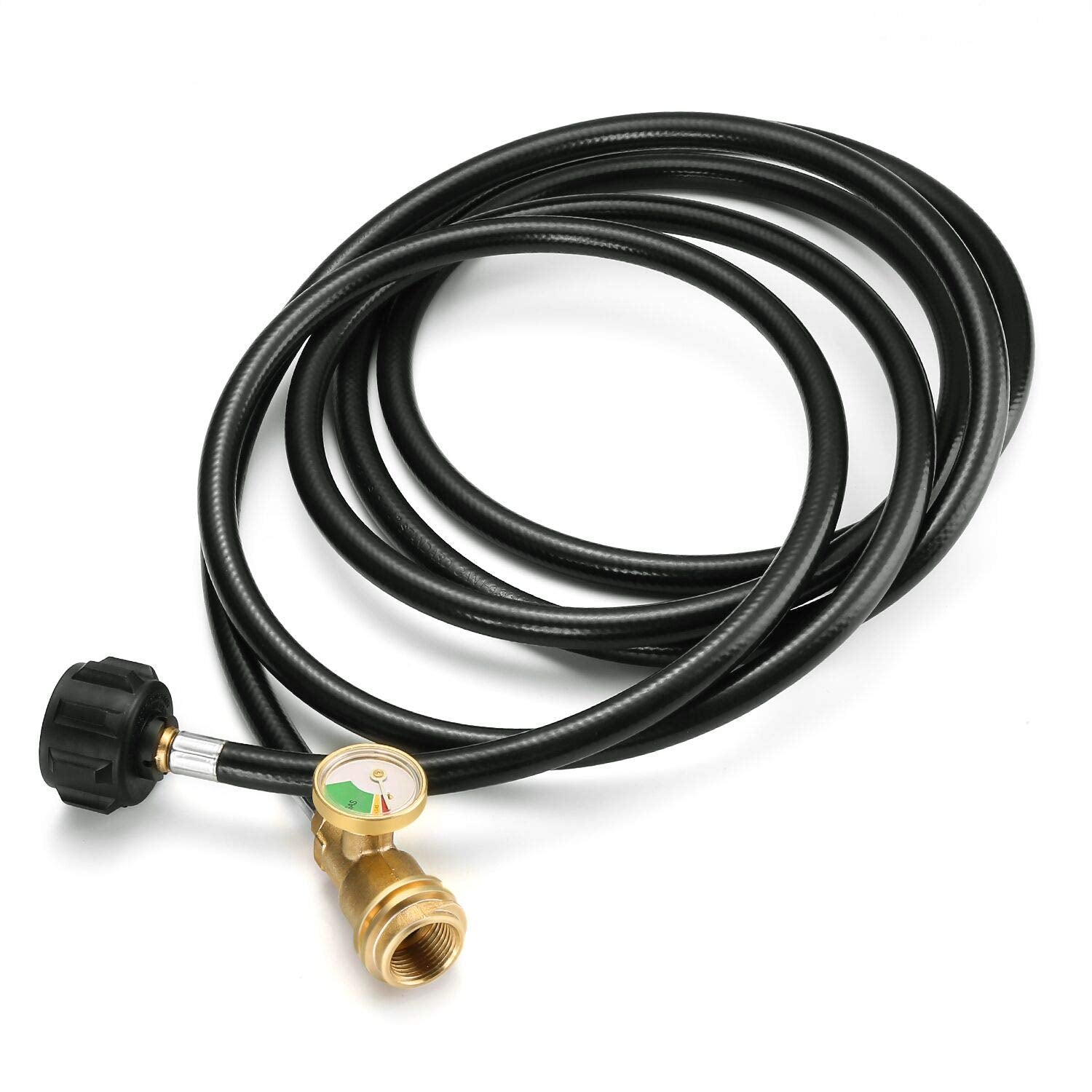WADEO front view of 12 ft propane hose showing connectors and gauge for safe placement