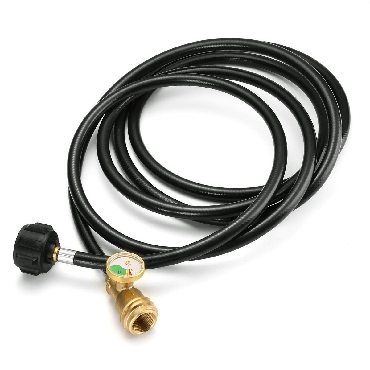 WADEO front view of 12 ft propane hose showing connectors and gauge for safe placement