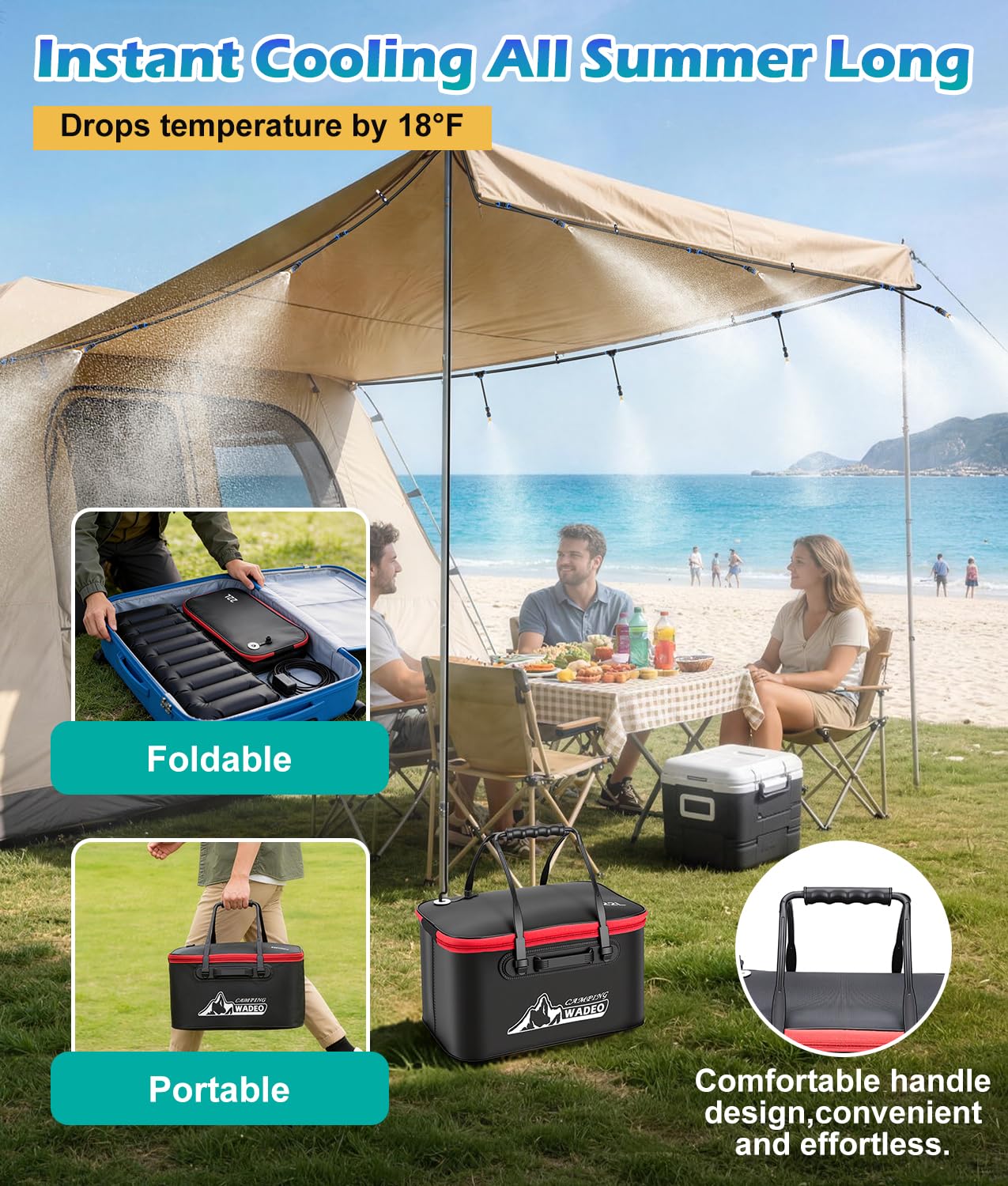 WADEO mounted on patio umbrella demonstrating fast cooling for guests