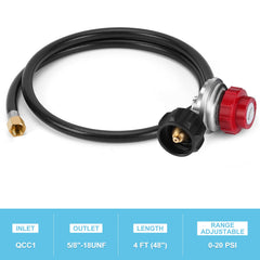 WADEO adjustable 0–20 PSI regulator with 4ft hose ready to connect to a Type 1 propane tank for flexible placement