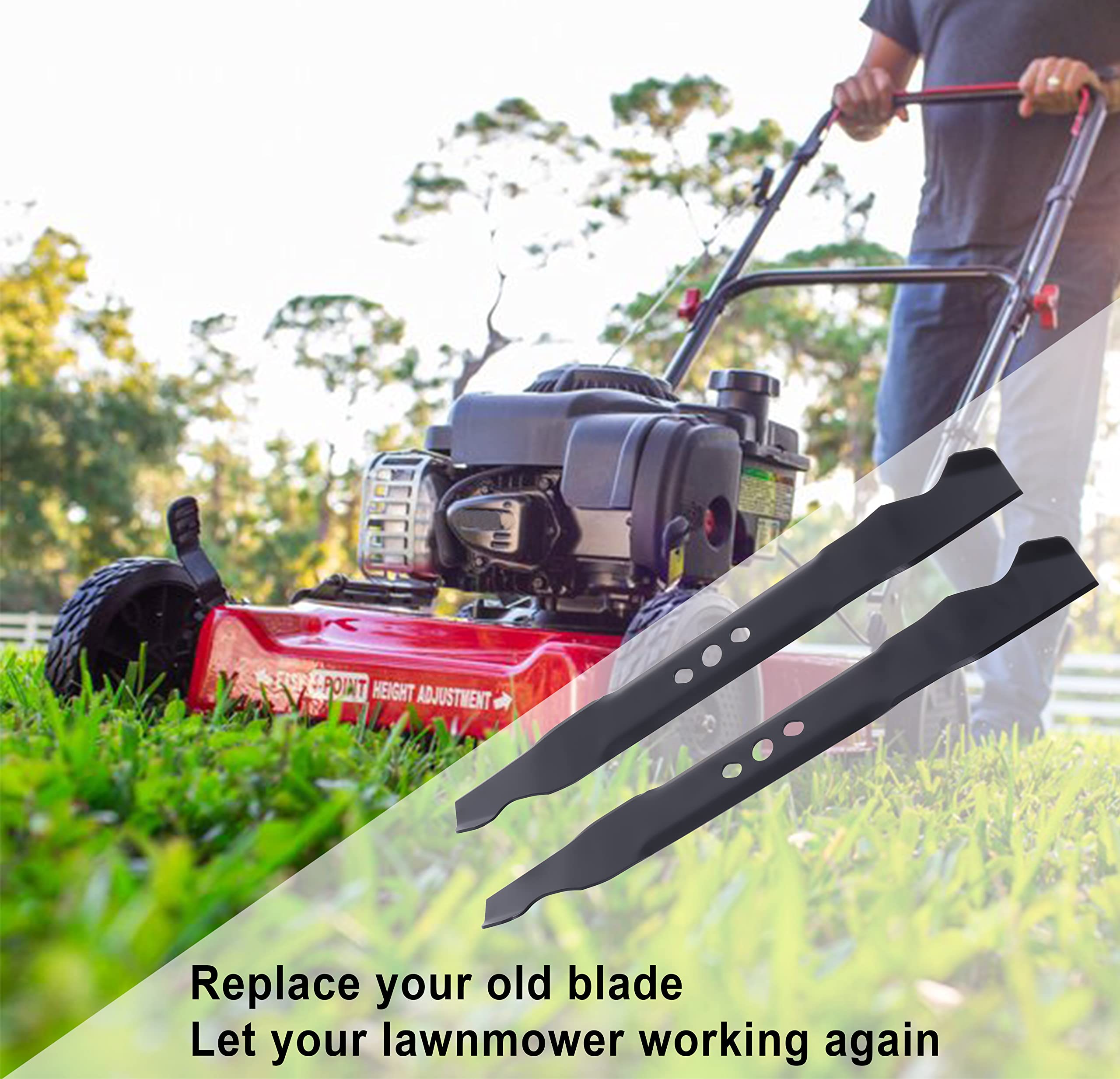 Wadoy blades in a lawn-mowing scene illustrating improved cut quality and a neater yard