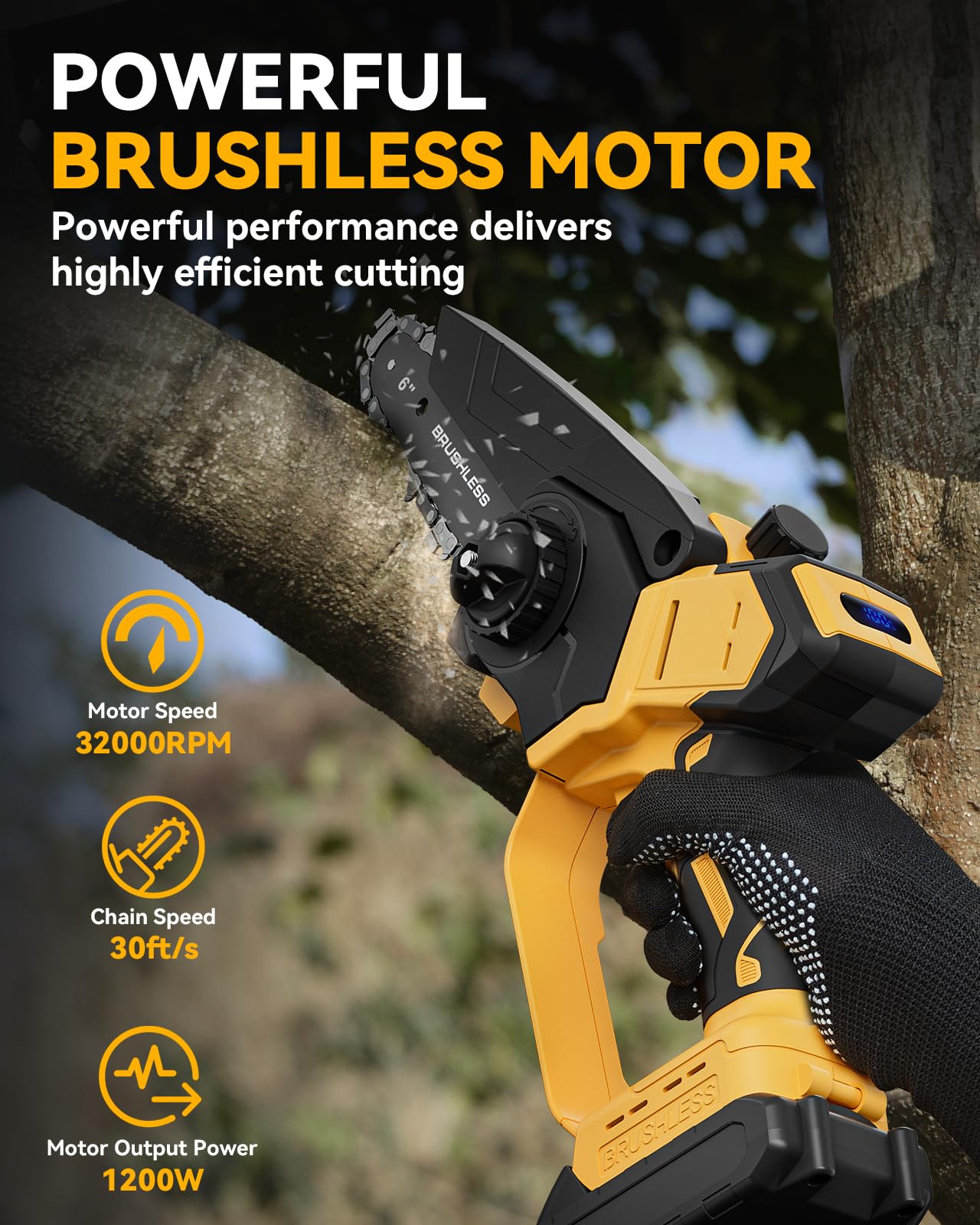 waitiey chainsaw with 8-inch bar attached for longer cuts and reach