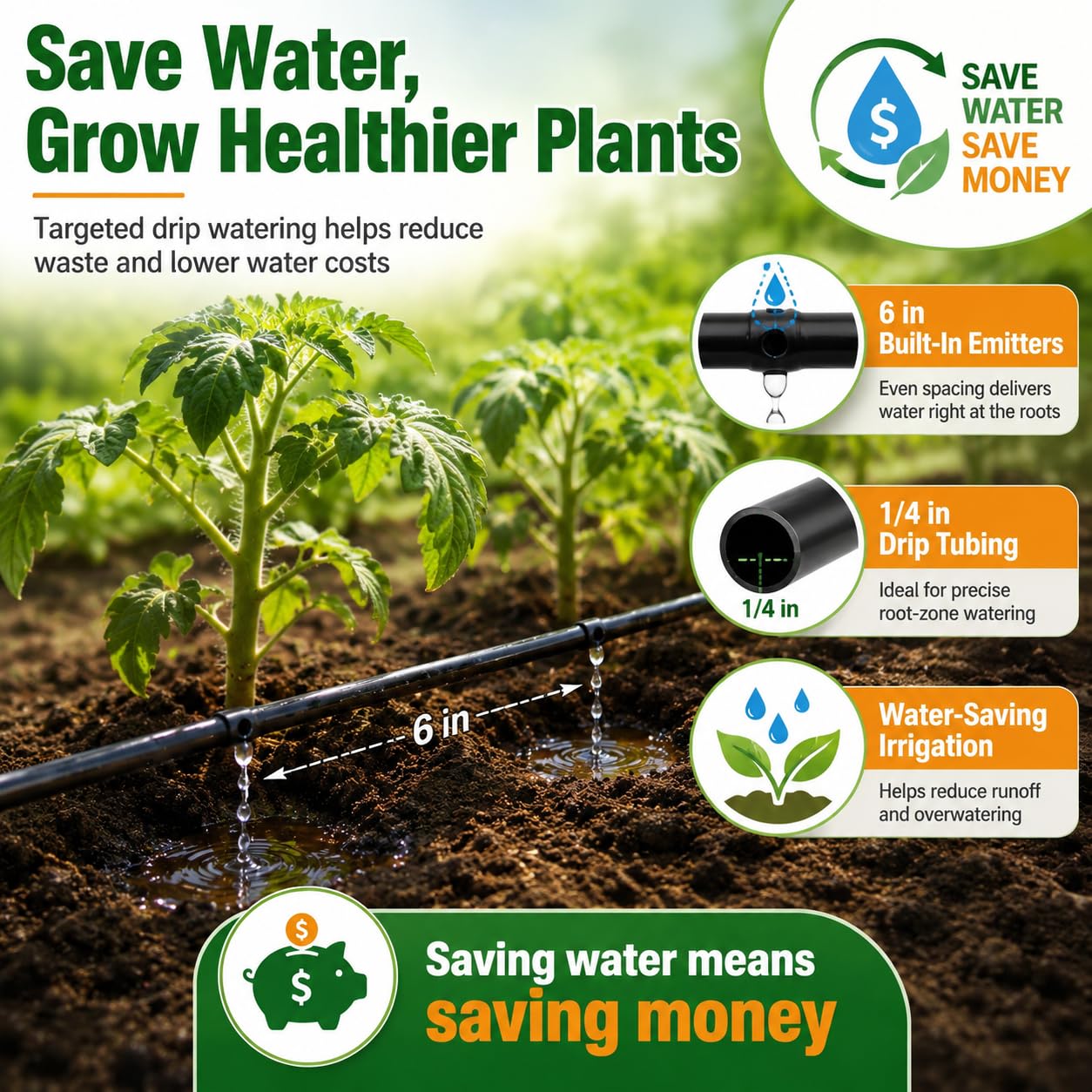 WAIWL closeup showing 0.5 GPH emitters at 6 inch spacing for even watering