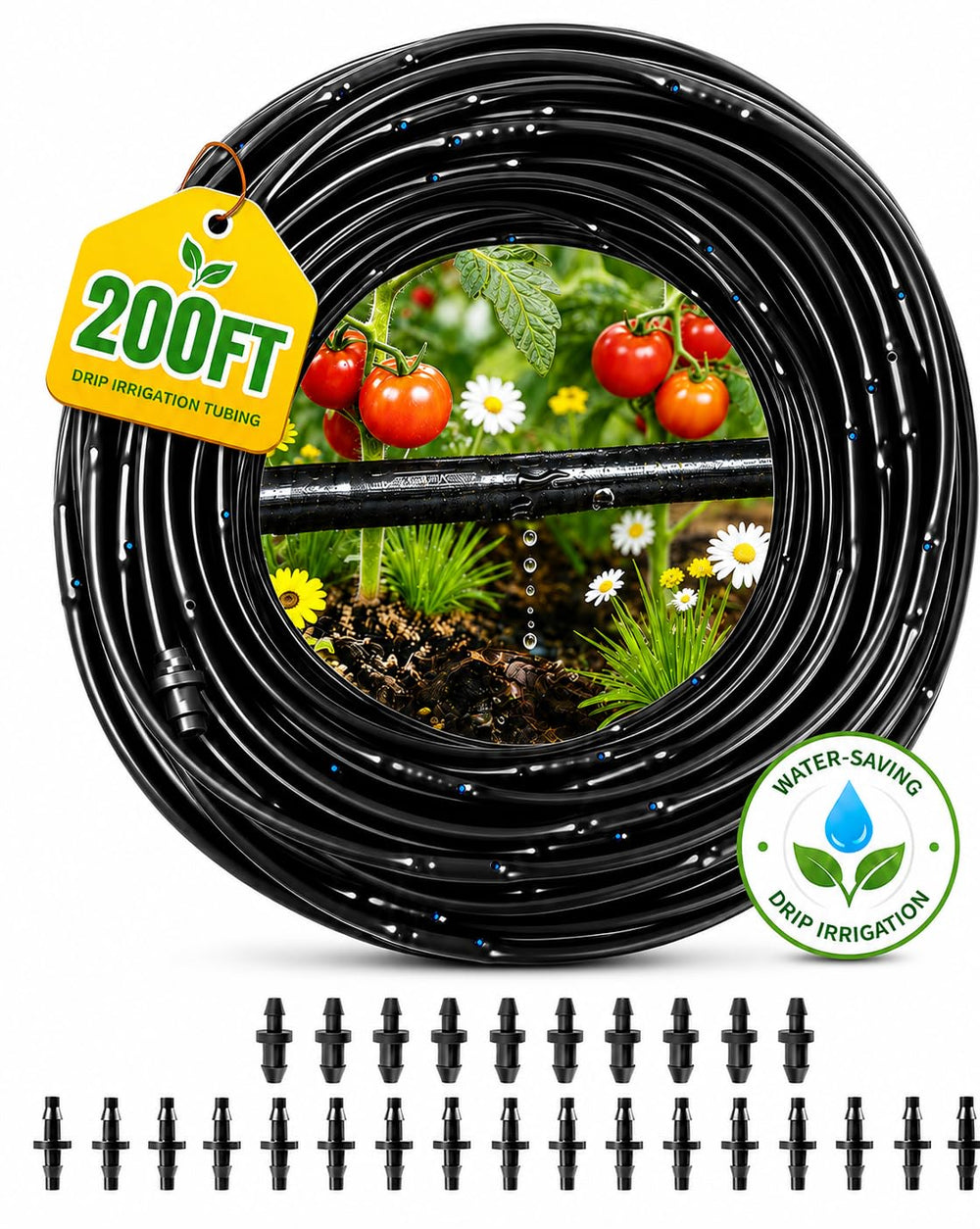 WAIWL front view of 200FT dripline packaging showing length and emitters