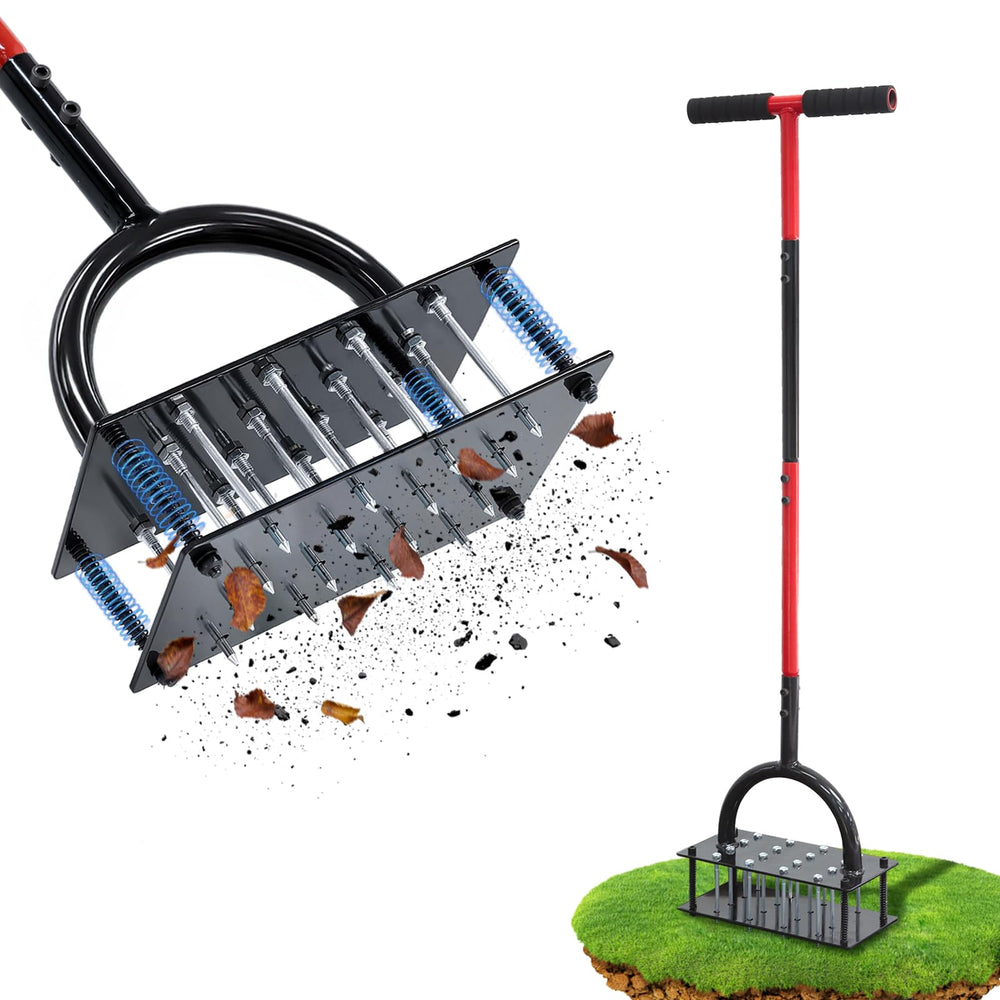 Wakuka front view of assembled aerator showing 16-spike layout and handle benefits comfort