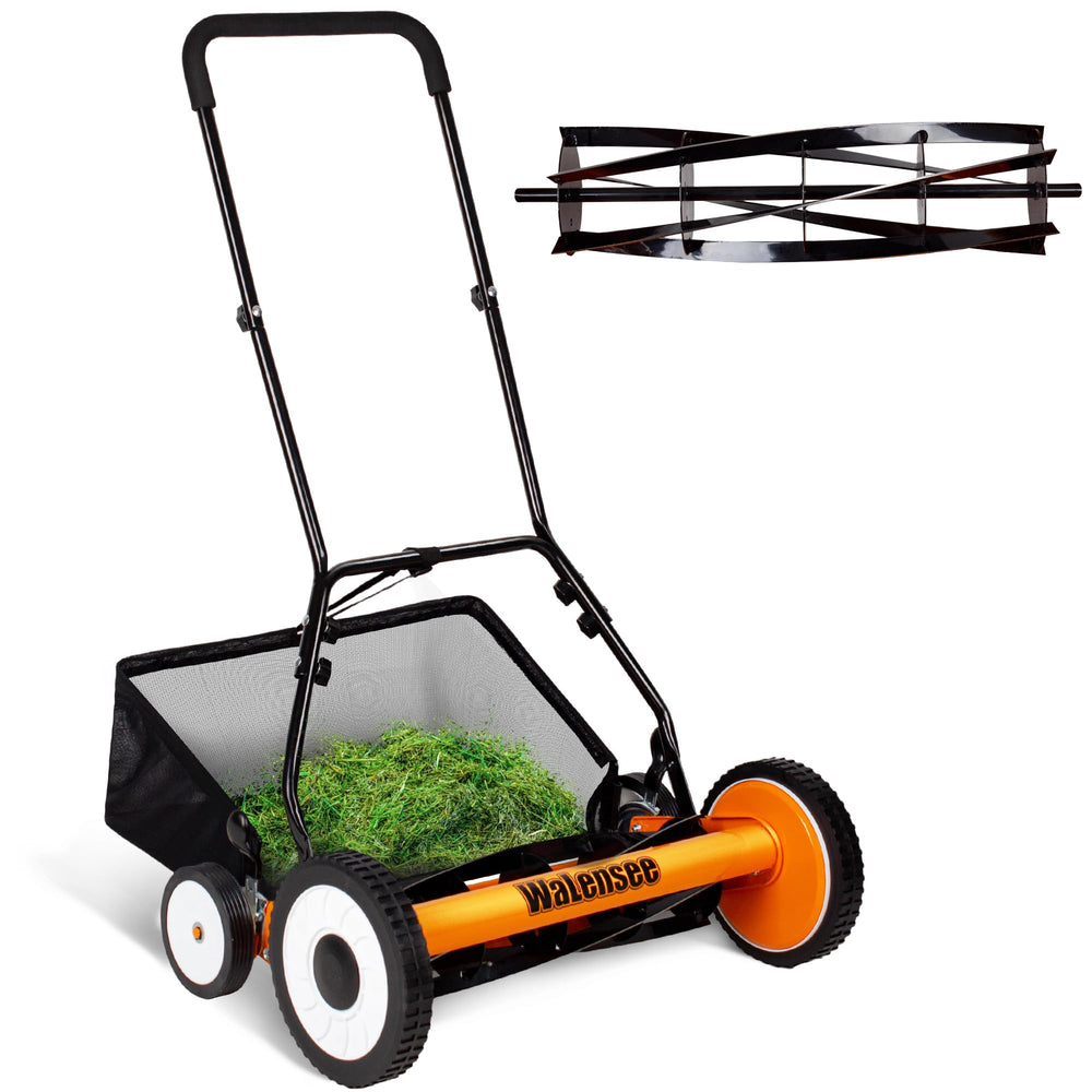 Walensee front view assembled mower showing compact 20-inch profile and catcher benefit
