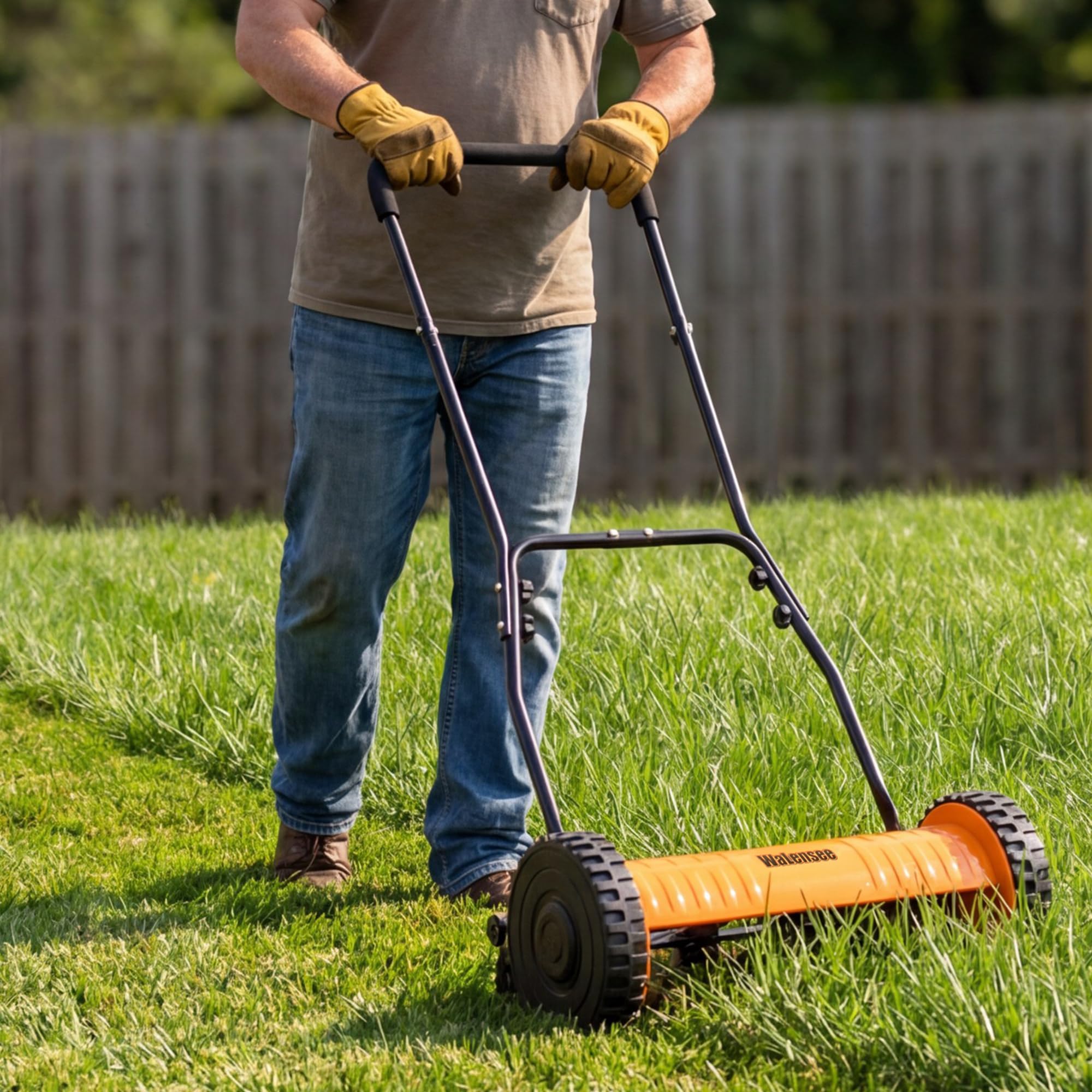 Walensee mower in backyard lifestyle scene showing neat lawn results