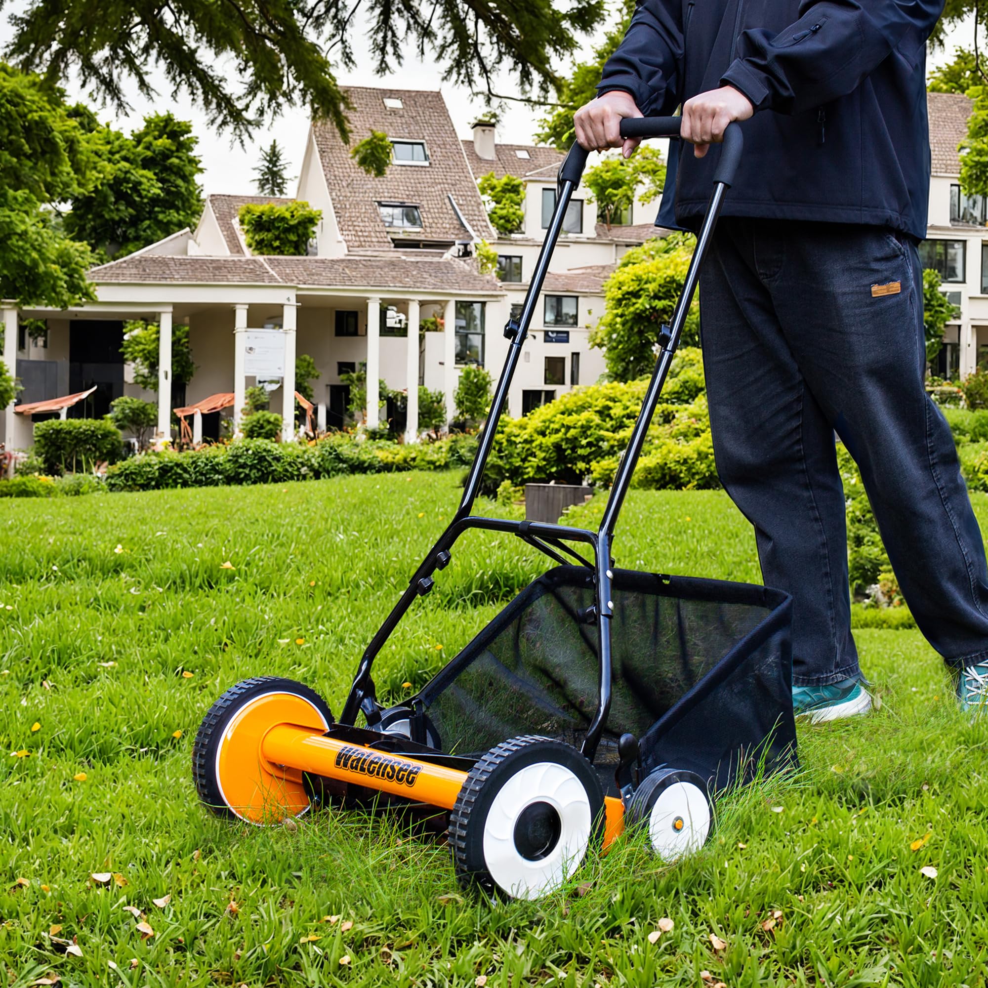 Walensee mower in a suburban yard showing quiet, eco-friendly mowing in use