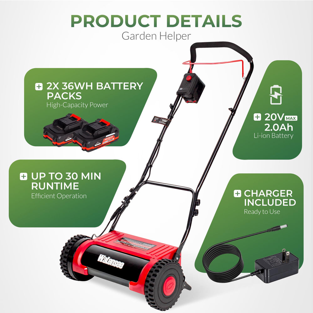 Walensee mower navigating a garden path to trim around beds and trees