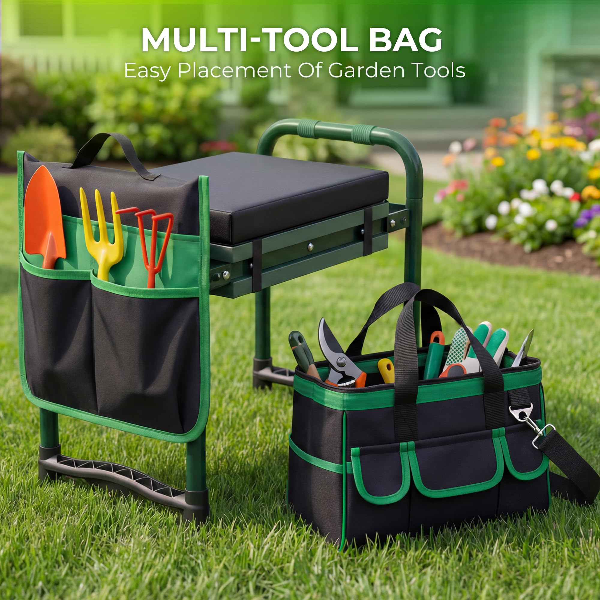 Walensee user kneeling on pad while gardening demonstrating reduced knee strain
