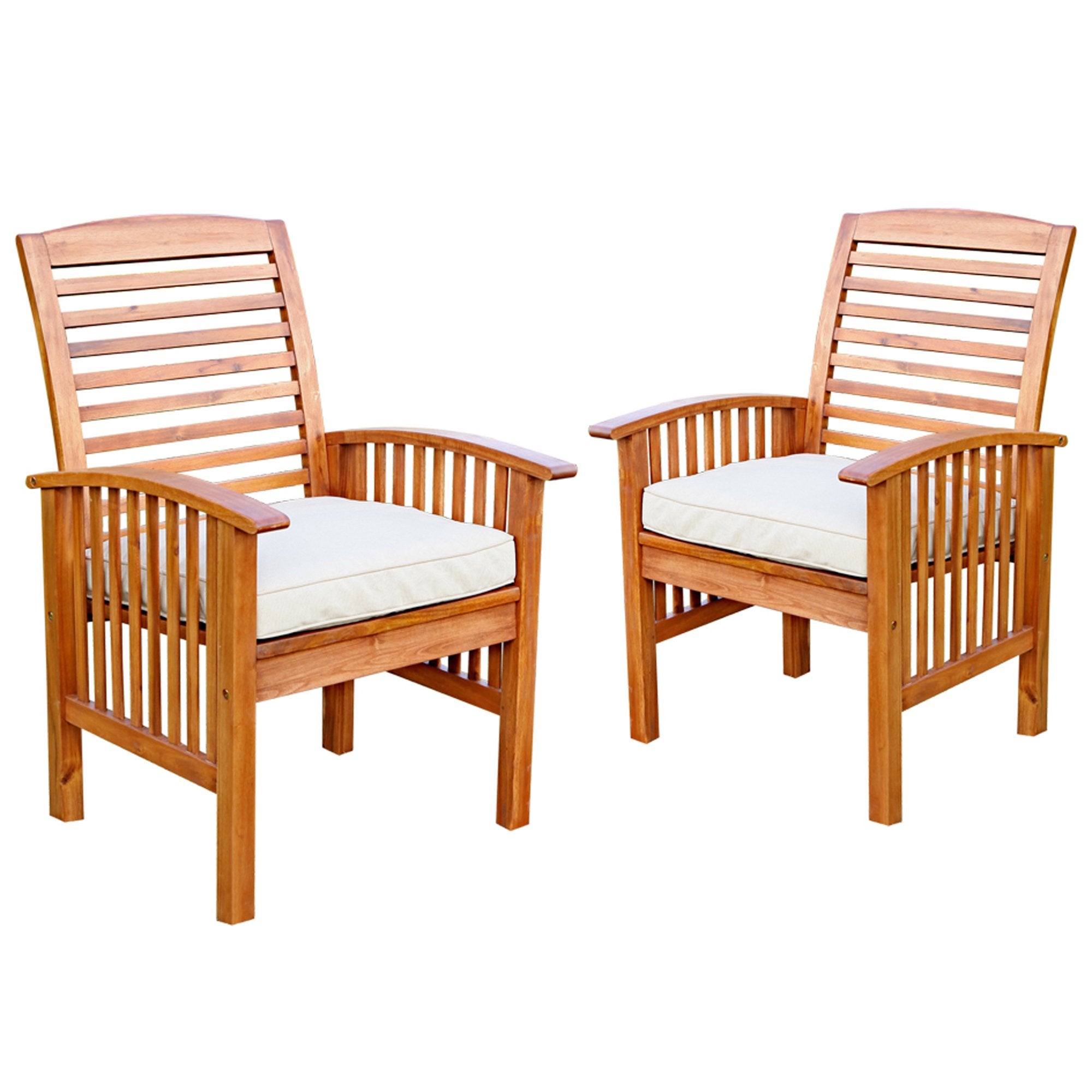 Walker Edison front view of two brown acacia chairs showing welcoming design and durability