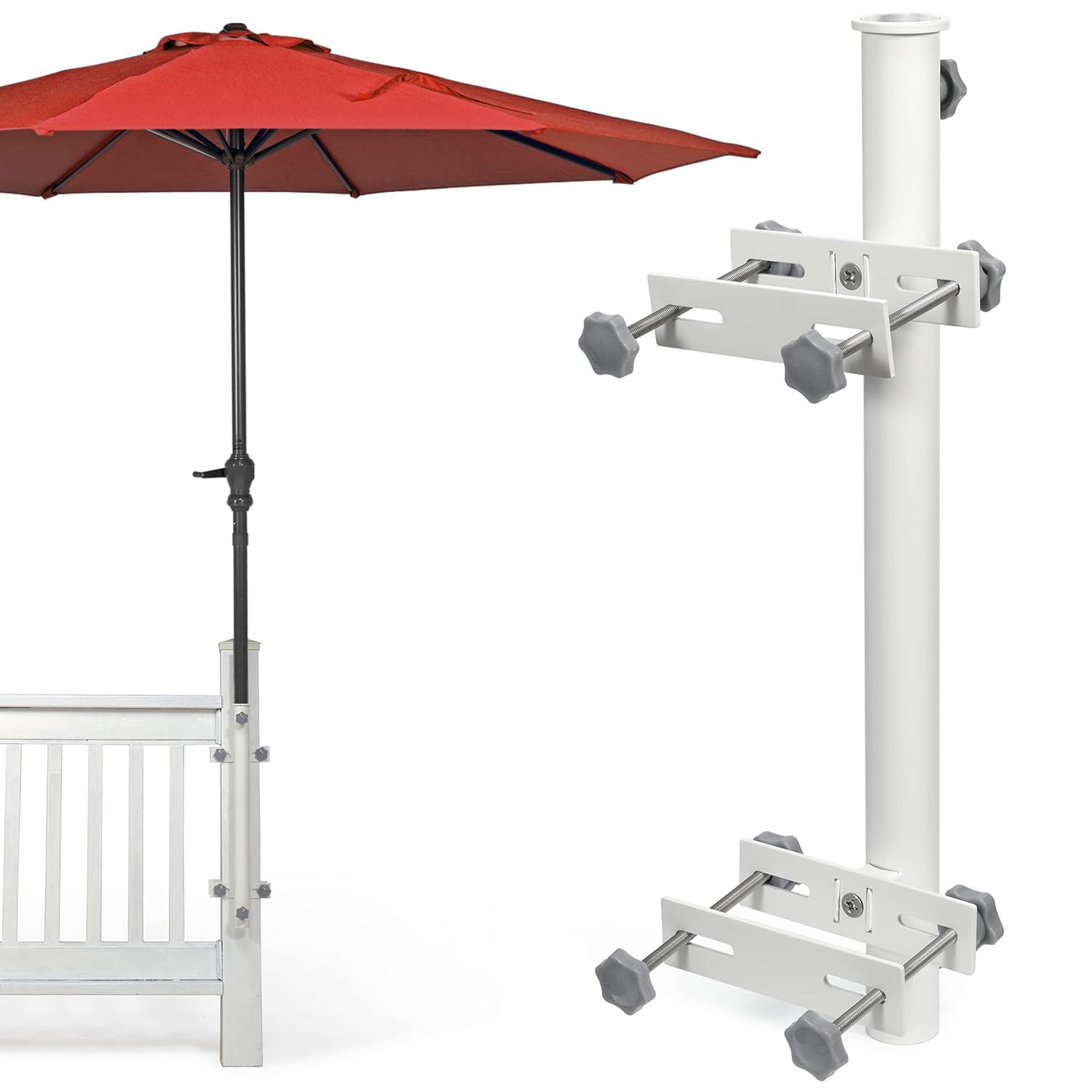Walrkaur front view of white deck umbrella holder showing compact design and durable finish