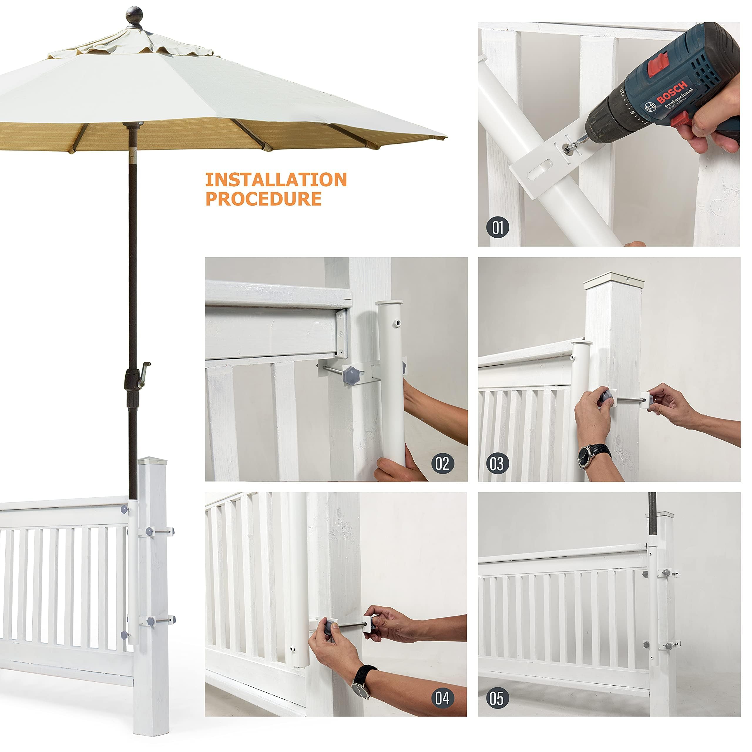 Walrkaur mounted on a metal railing with umbrella in use illustrating stable shade solution