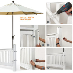 Walrkaur mounted on a metal railing with umbrella in use illustrating stable shade solution
